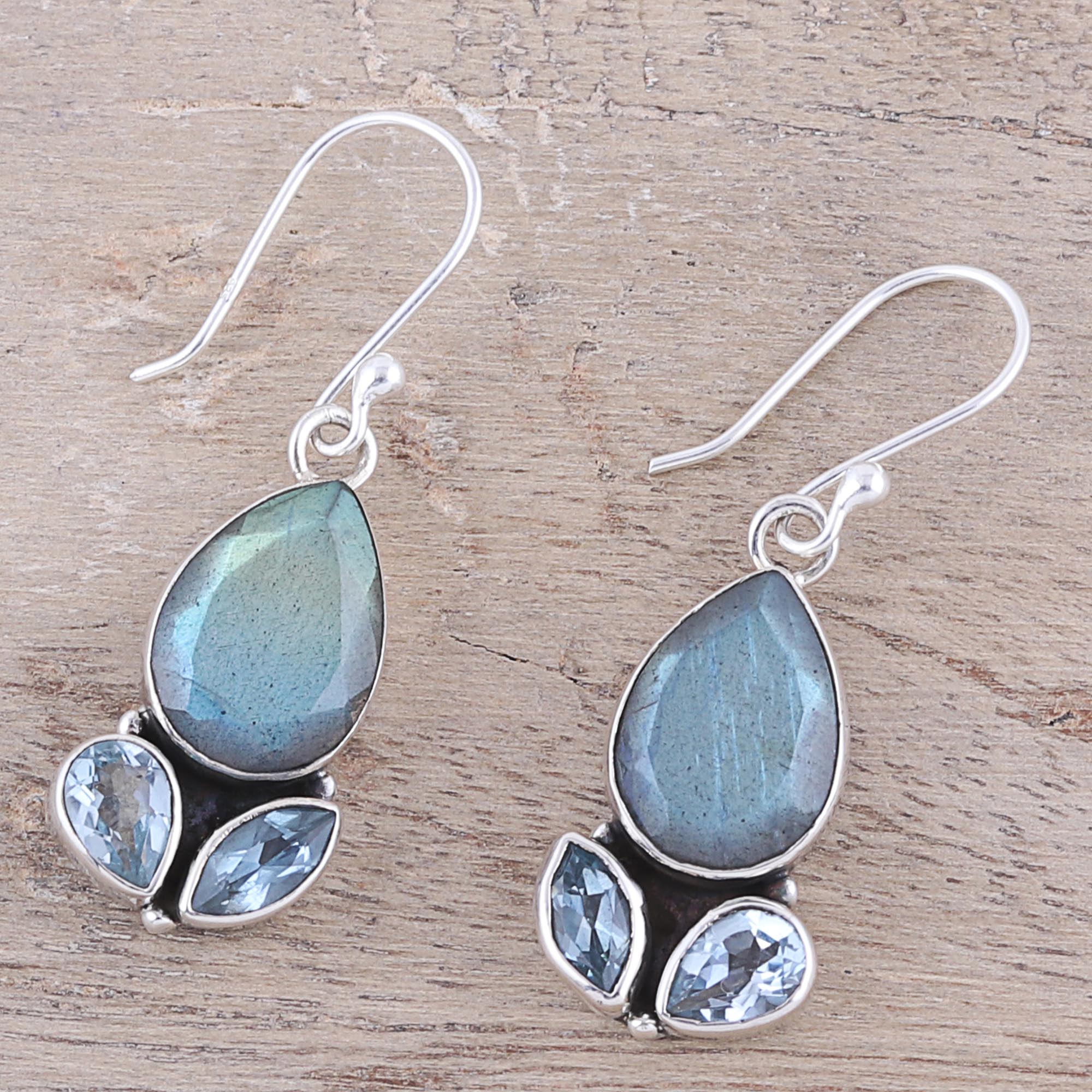 Premium Misty Rain Labradorite & Blue Topaz Sterling Silver Dangle Earrings