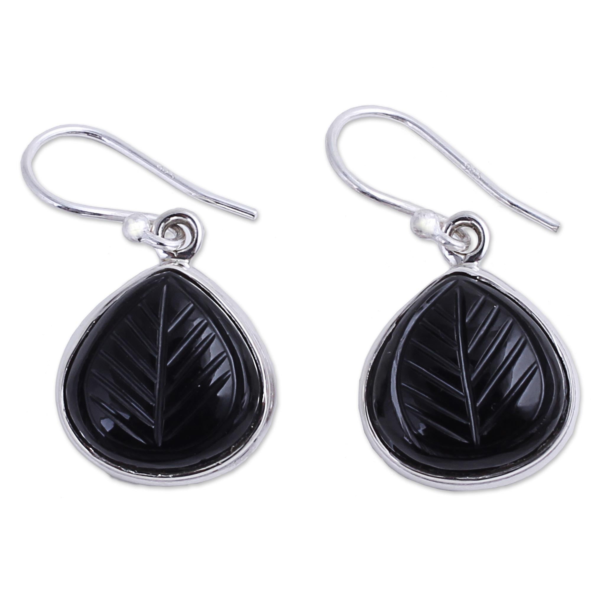 Premium Handcrafted Betel Leaf Sterling Silver Onyx Dangle Earrings from India