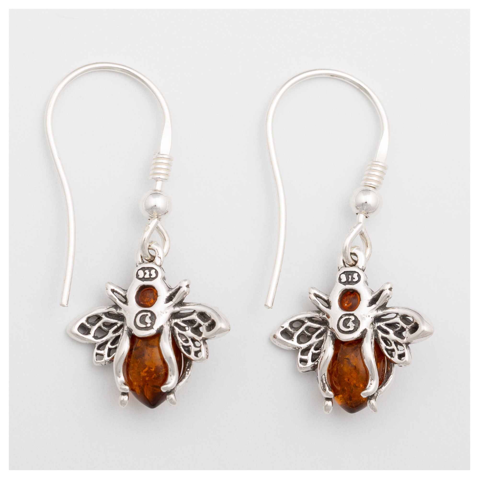 Premium Sterling Silver & Baltic Amber Bee Dangle Earrings