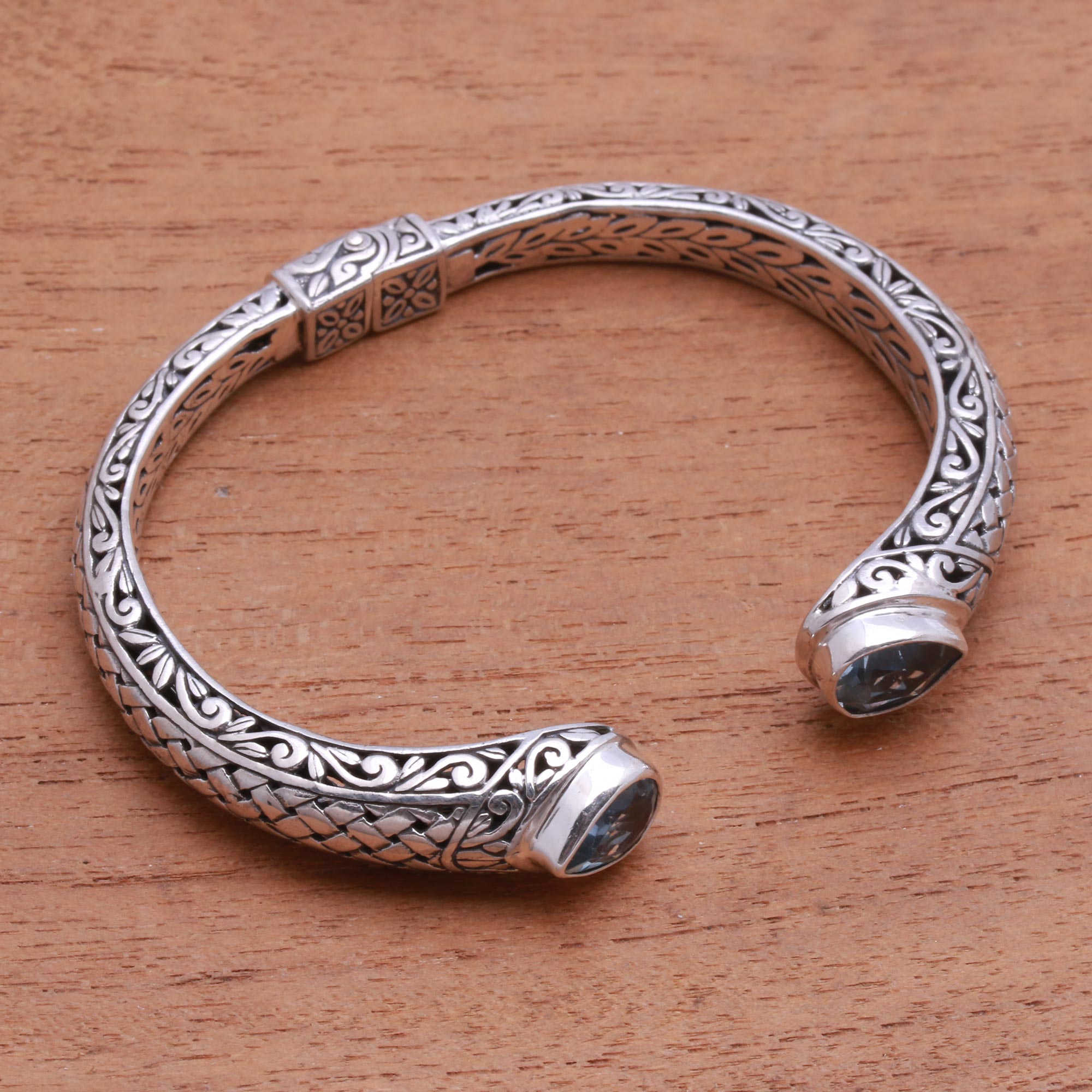 Premium Blue Topaz Cuff Bracelet – Handcrafted in Bali with Intricate Woven Design