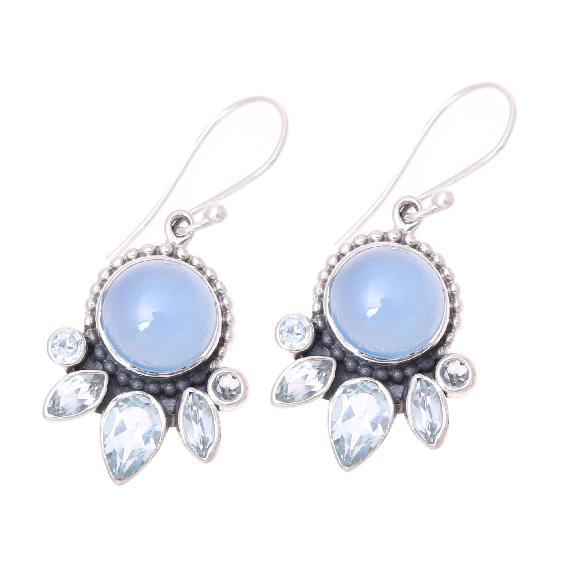 Premium Sky Shimmer Earrings - Chalcedony & Blue Topaz Sterling Silver Dangle