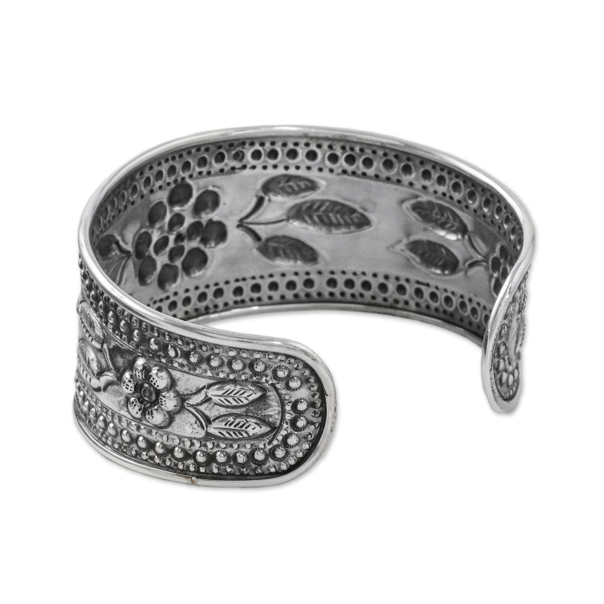 Premium Thai Sterling Silver Floral Cuff Bracelet - Handcrafted Elegance