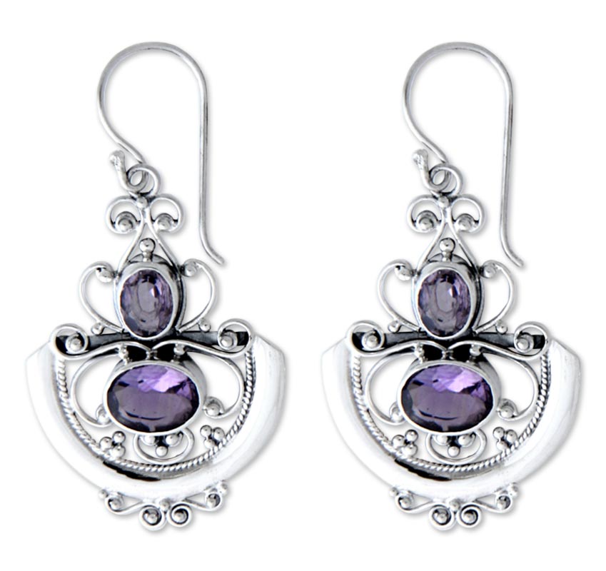 Premium Balinese Goddess Amethyst Dangle Earrings in Sterling Silver