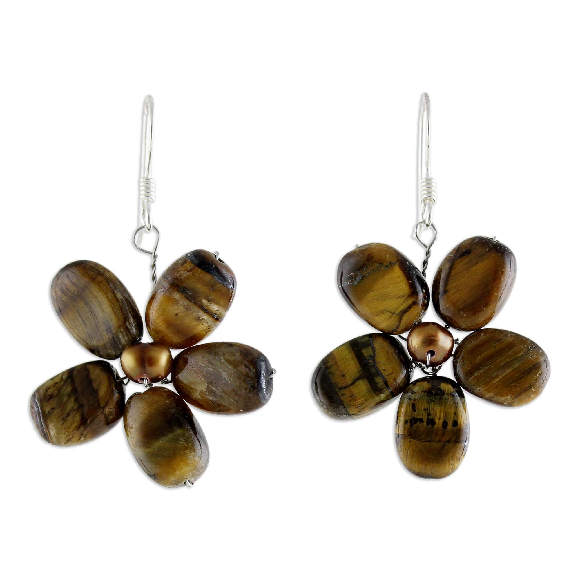 Premium Paradise Pearl & Tiger's Eye Elegant Flower Earrings