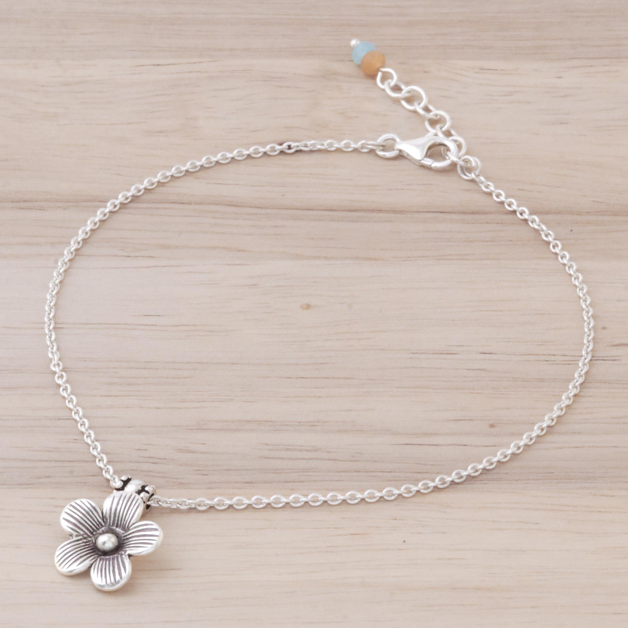 Premium Floral Charm Sterling Silver Anklet - Handmade in Thailand