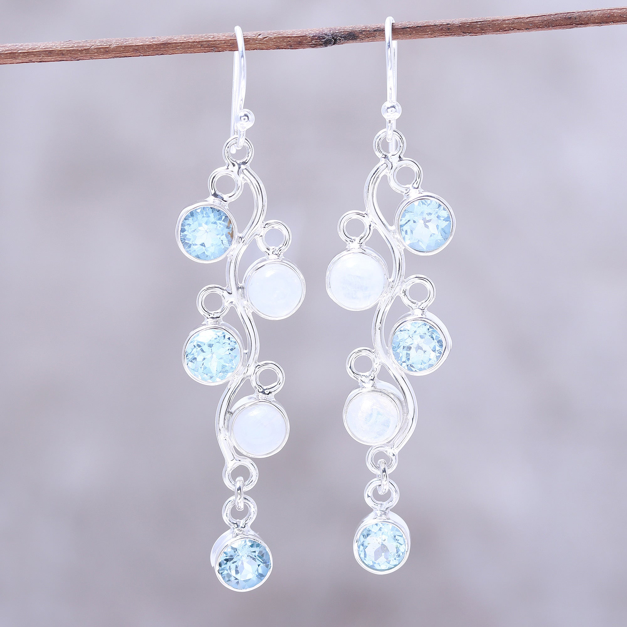 Premium Morning Climber Blue Topaz Moonstone Dangle Earrings