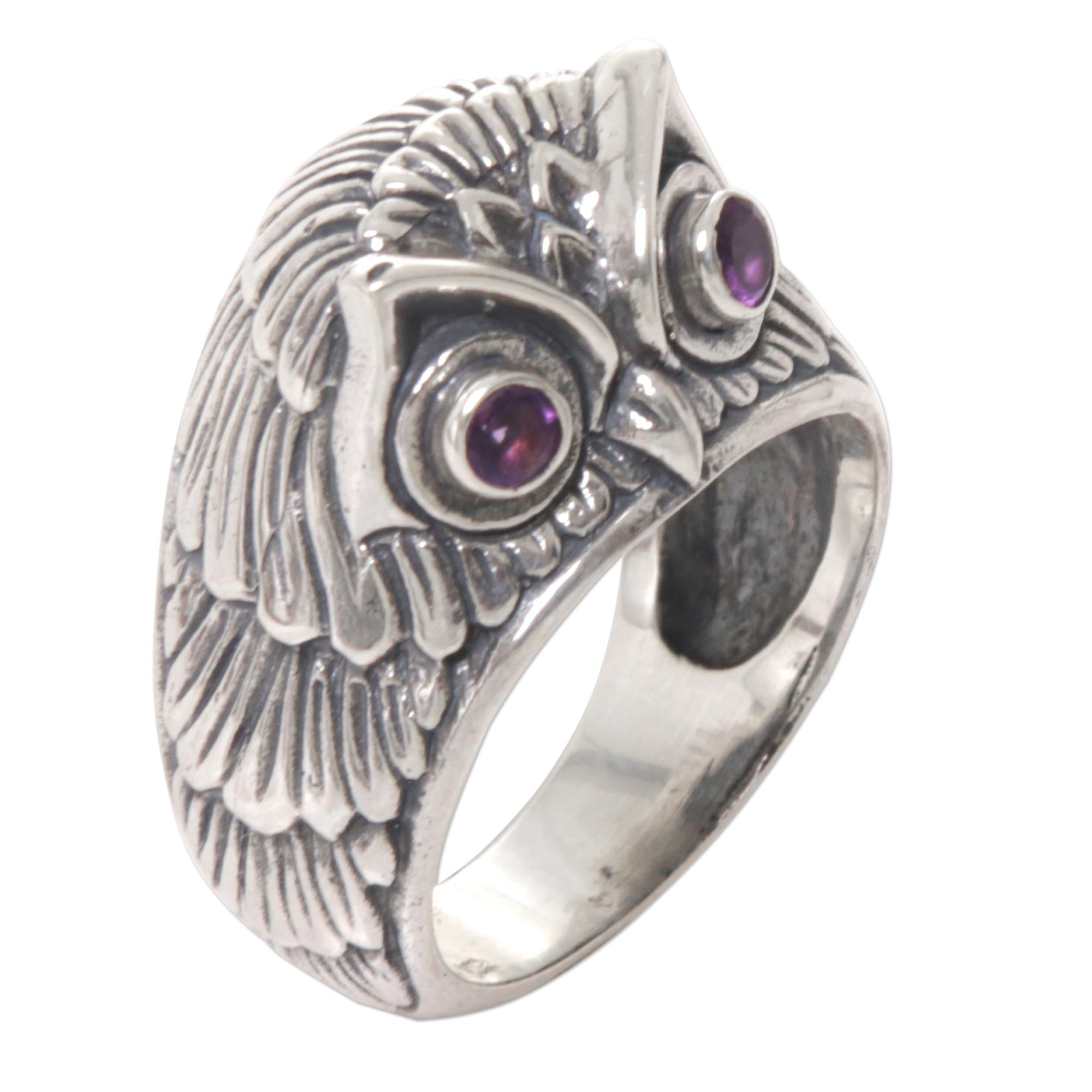 NOVICA Premium Amethyst Sterling Silver Ring 'Night Watcher in Purple' - Handcrafted Elegance