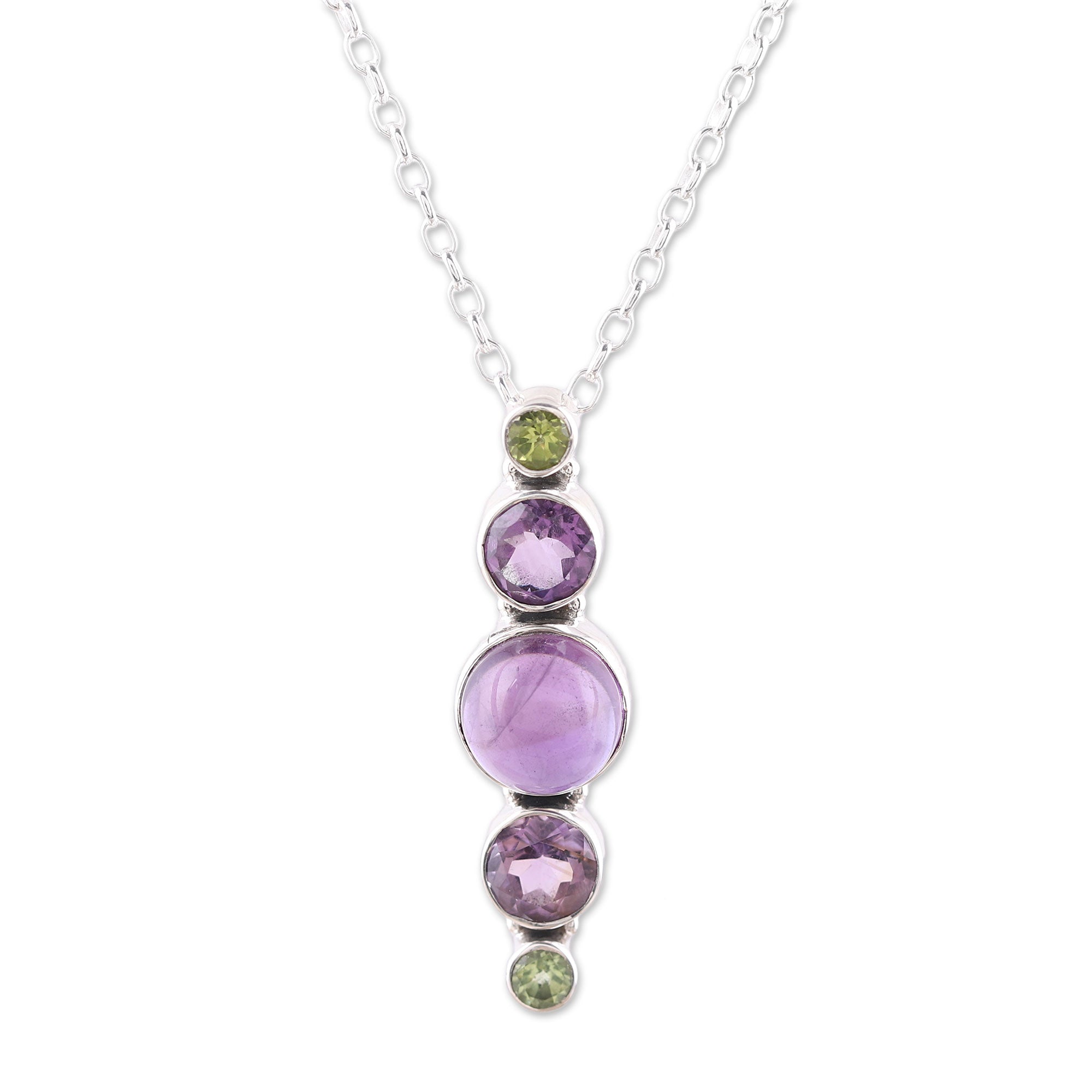 Premium Glittering Union Amethyst & Peridot Pendant Necklace - Handcrafted Sterling Silver Jewelry