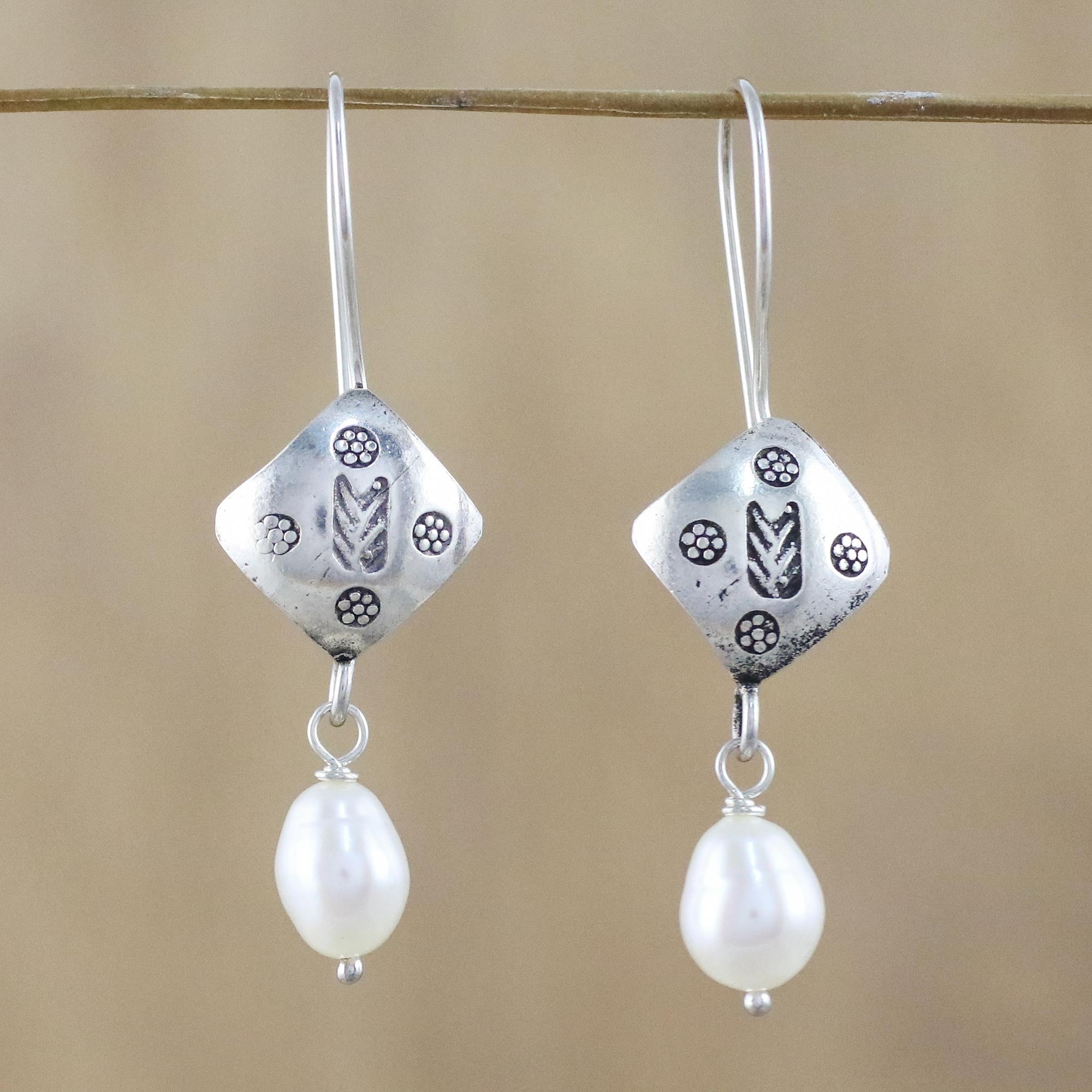 Premium Karen Hill Tribe Silver & Pearl Dangle Earrings