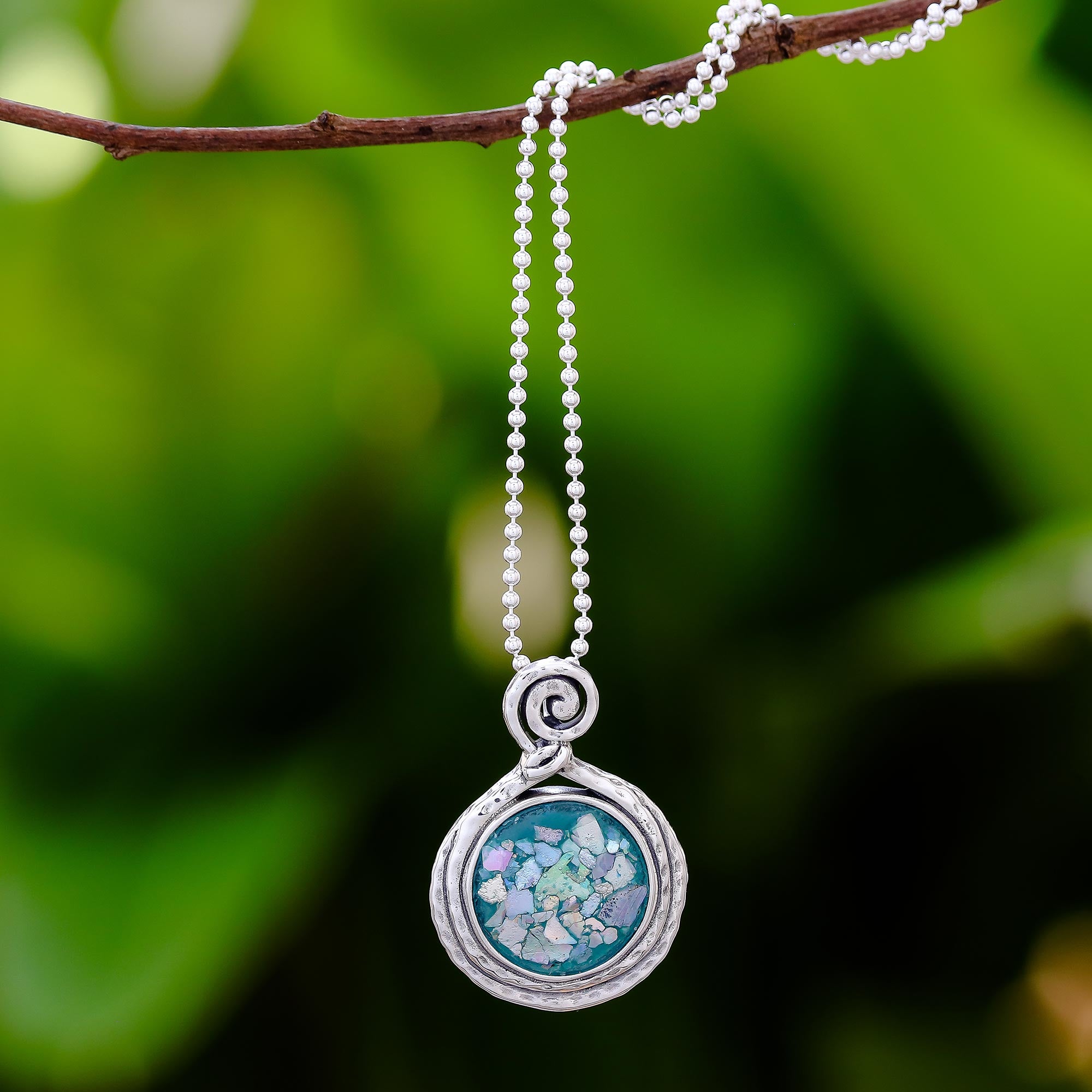 Premium Glittering Moon Artisan Necklace - Ancient Roman Glass & Sterling Silver