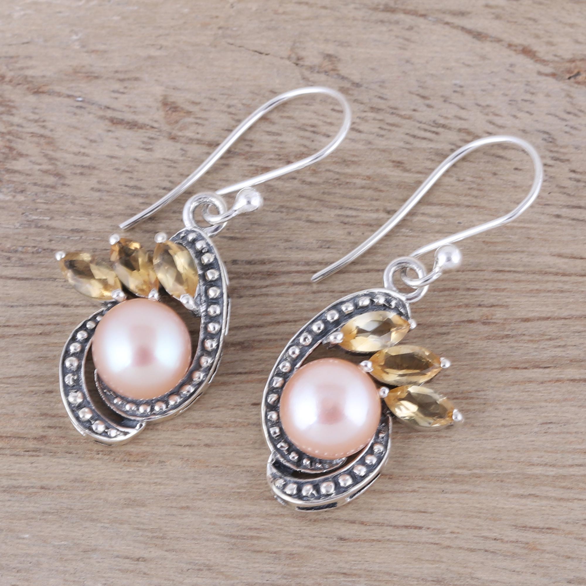 Ultimate Elegance: Peach Cultured Pearl & Citrine Sterling Silver Dangle Earrings