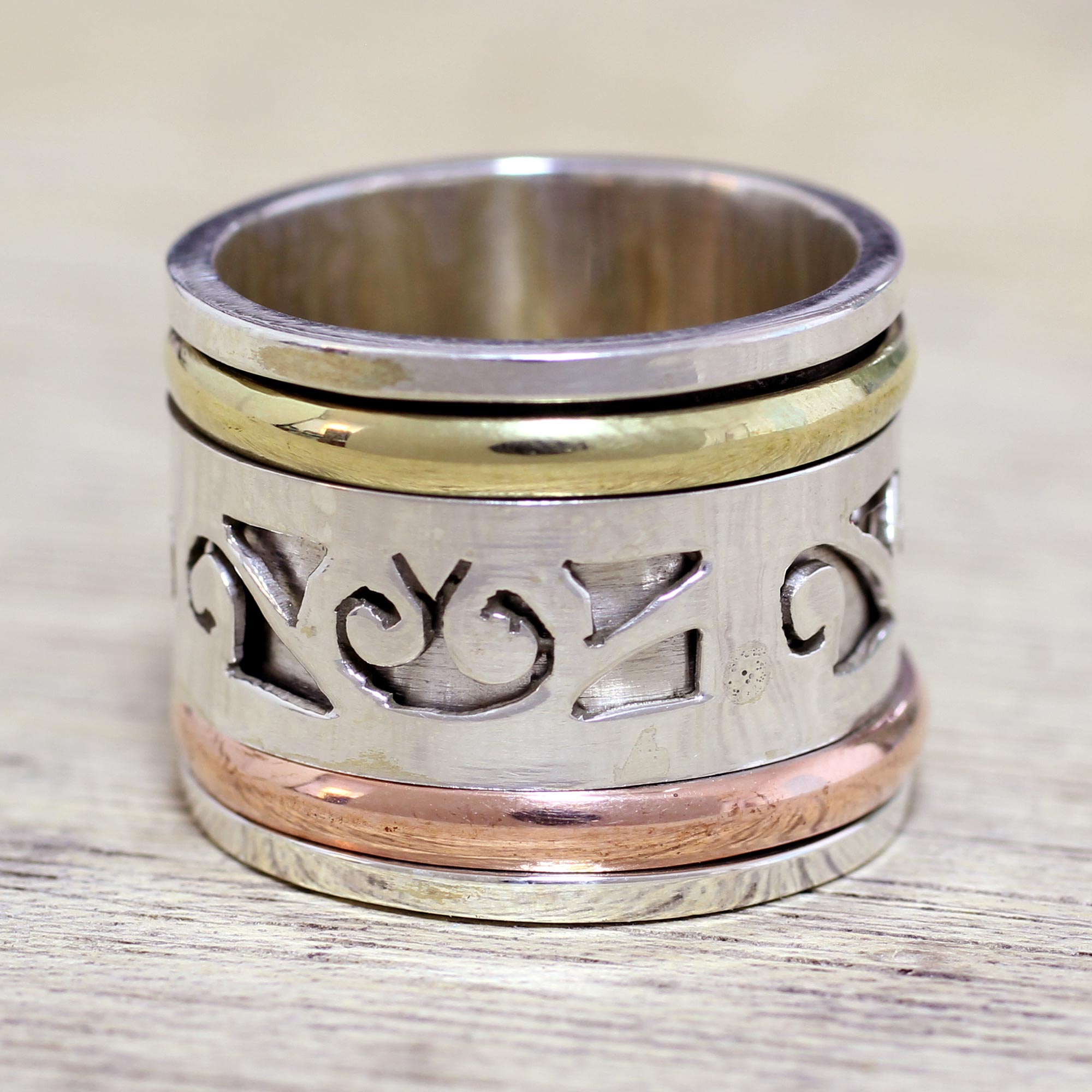 Premium Sterling Silver Spinner Ring with Copper & Brass Accents – Meditation Jewelry by Neetu Barathi