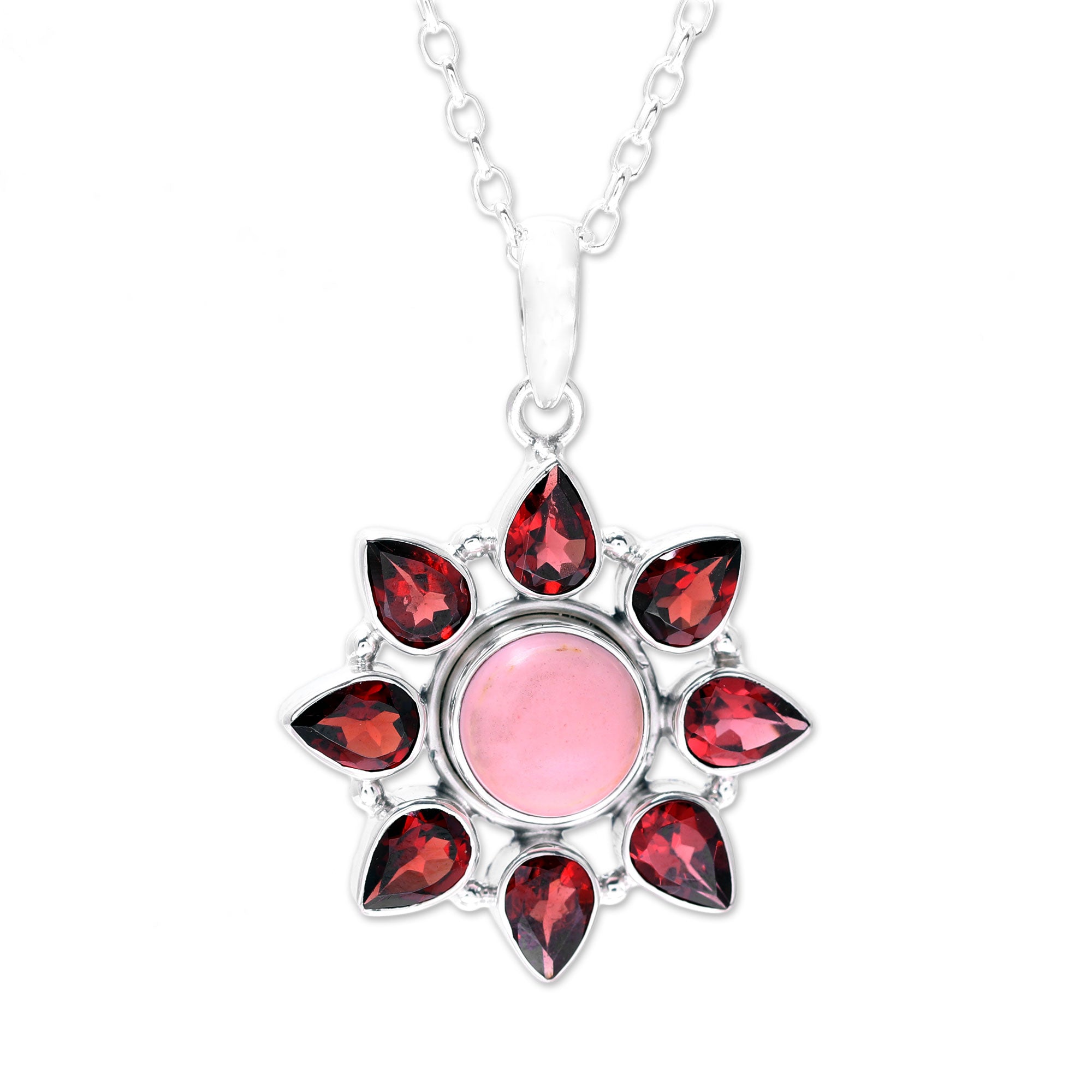 Premium Glowing Flower Pink Opal & Garnet Sterling Silver Necklace