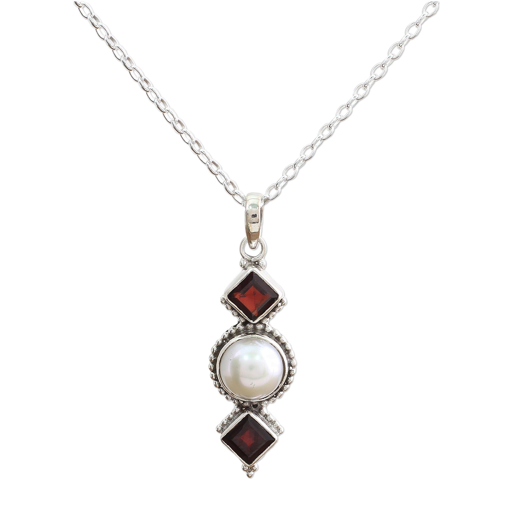 Premium Red Guardians Garnet & Pearl Necklace - Handcrafted Sterling Silver Jewelry