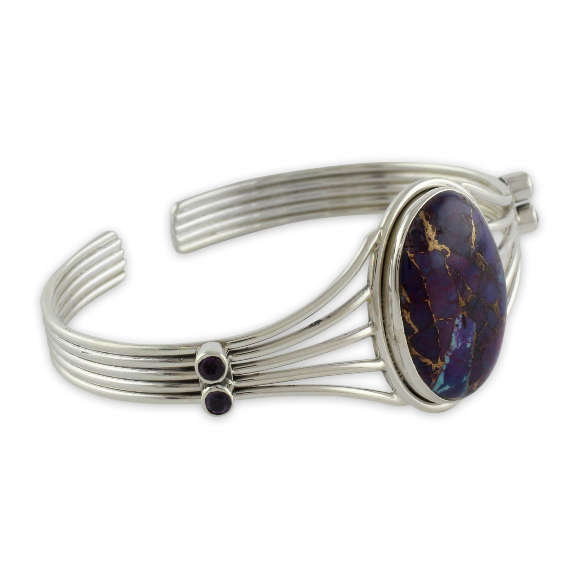 Premium Violet Island Amethyst & Turquoise Silver Cuff Bracelet