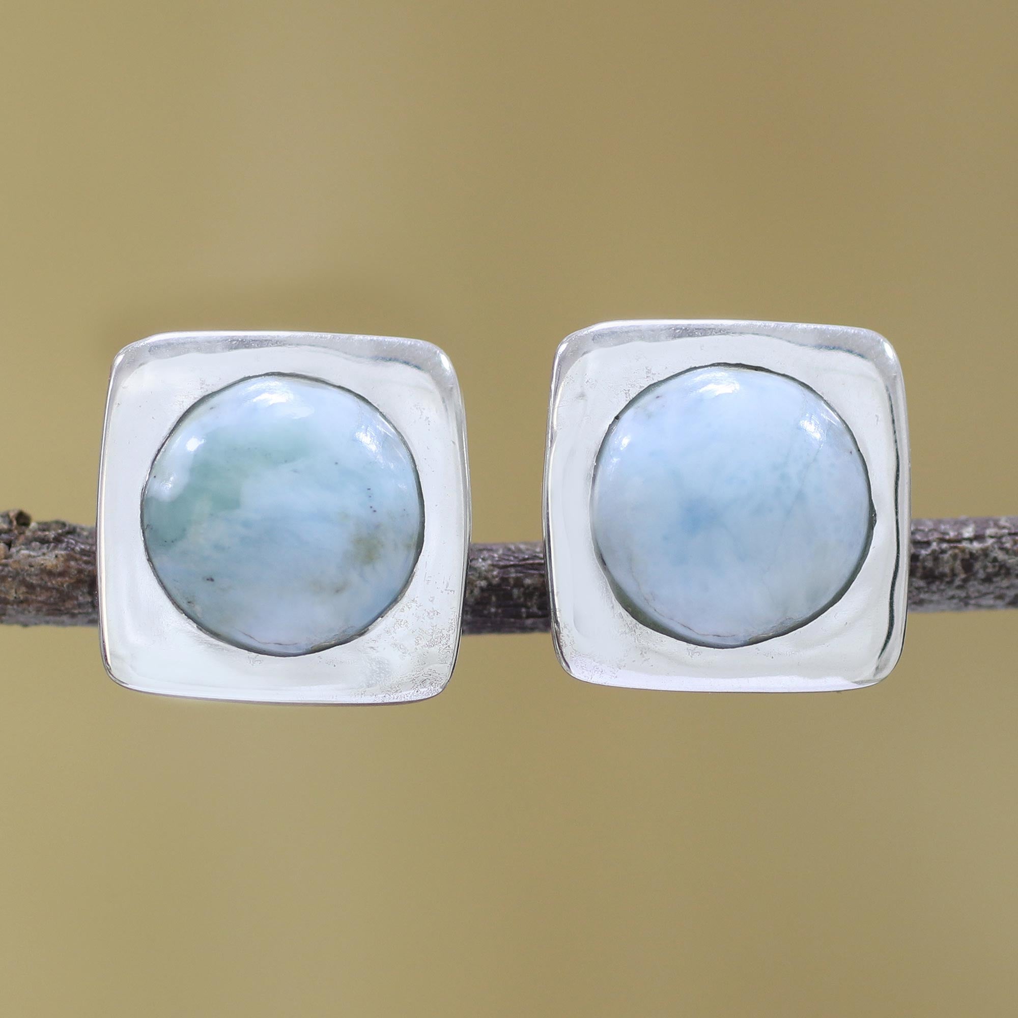 Premium Larimar & Sterling Silver Button Earrings - Caribbean Inspired Elegance