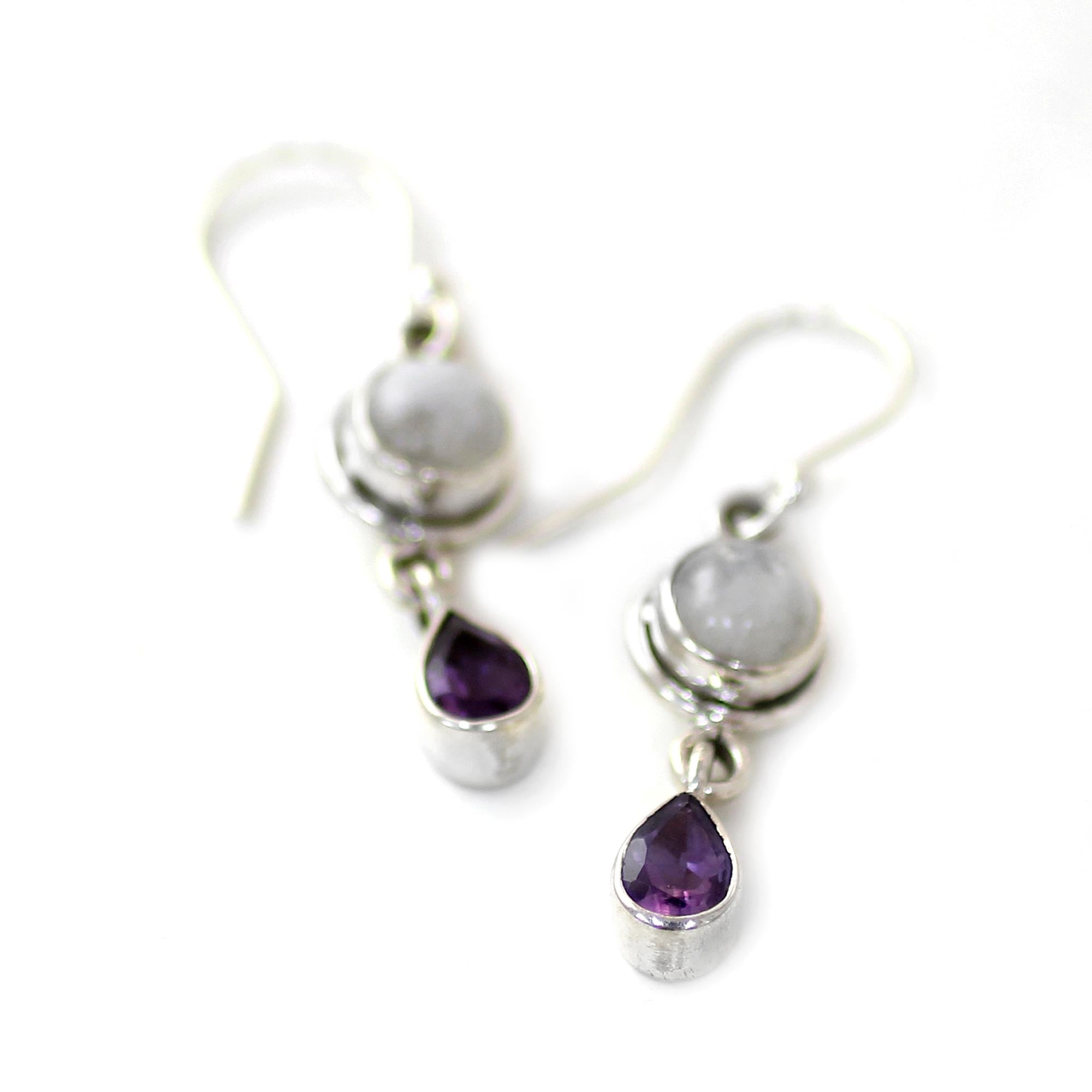 Premium Purple Droplets Amethyst & Rainbow Moonstone Dangle Earrings - Handcrafted in India