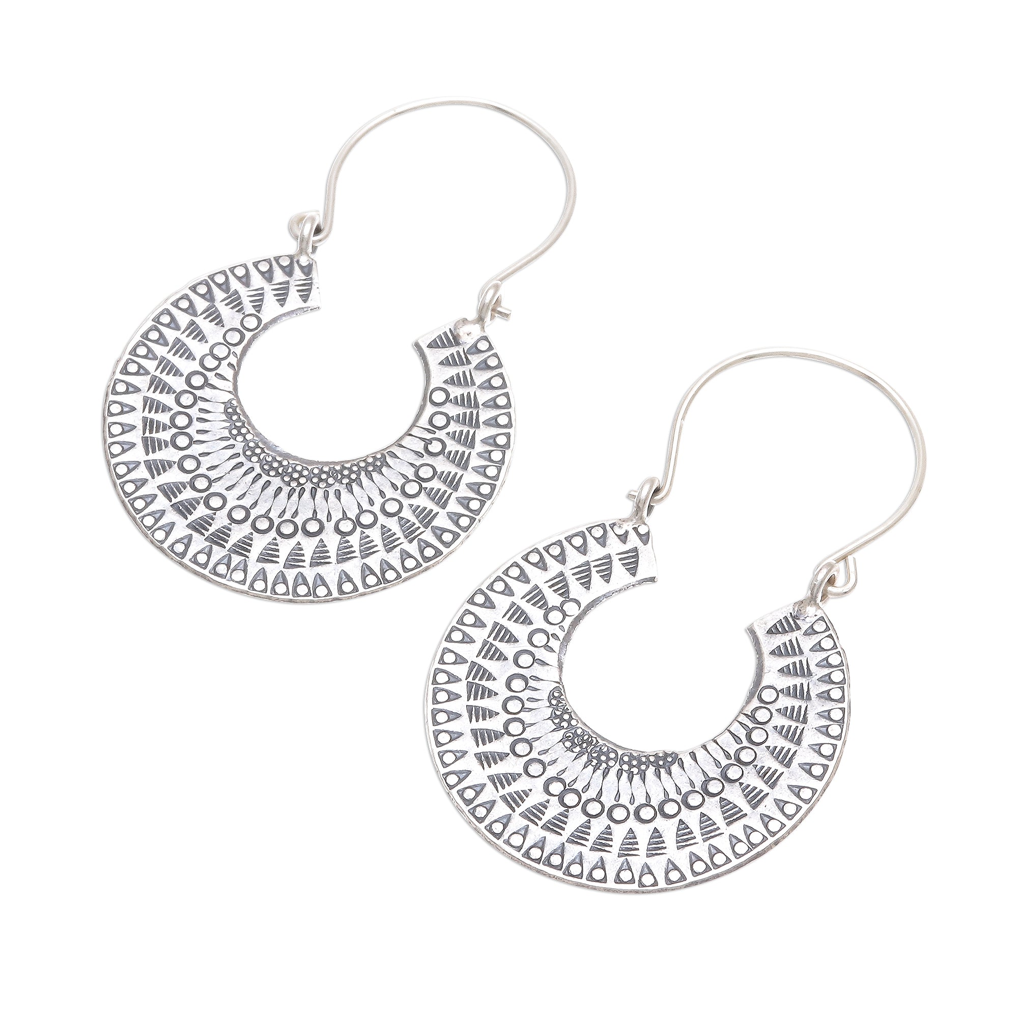 Premium Crescent Hoop Earrings - Sterling Silver with Intricate Patterns