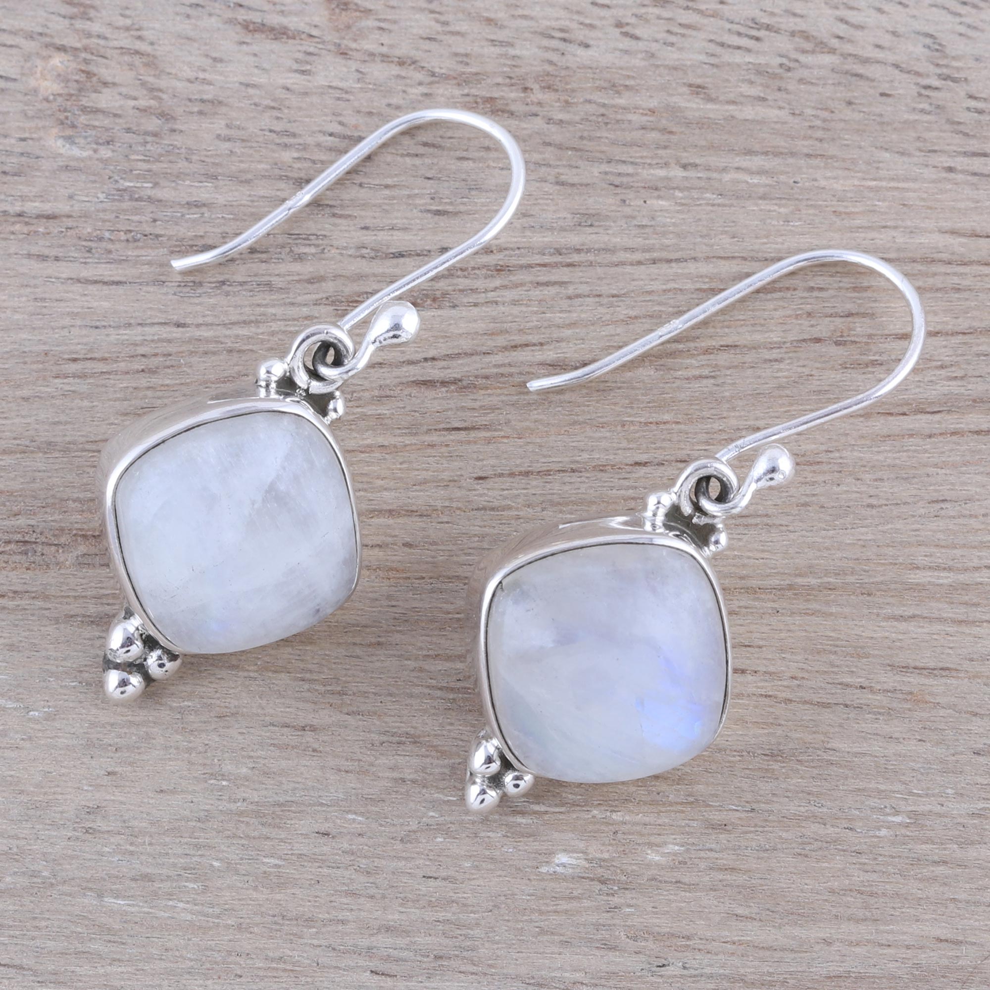 Premium Rainbow Moonstone Dangle Earrings - Handcrafted Sterling Silver Jewelry