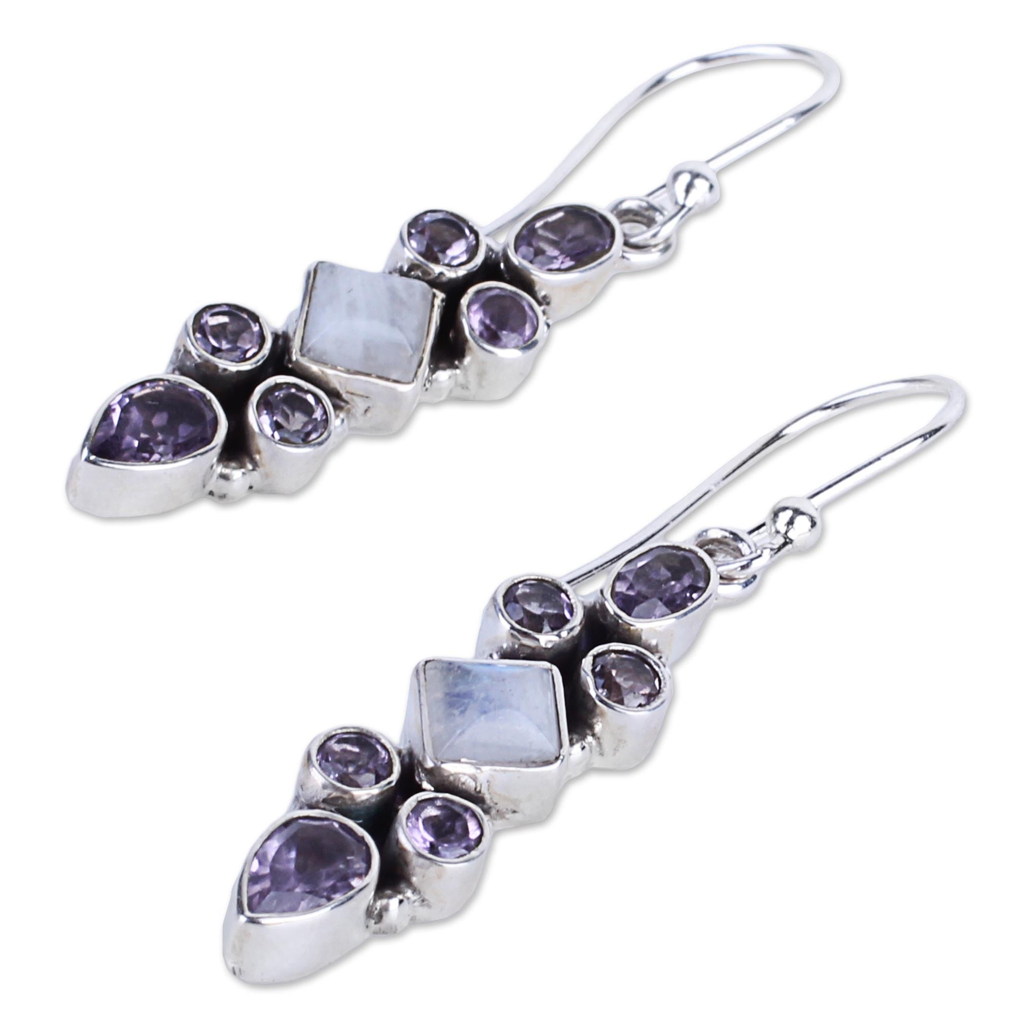 Premium Sterling Silver Rainbow Moonstone & Amethyst Dangle Earrings | Handcrafted in India