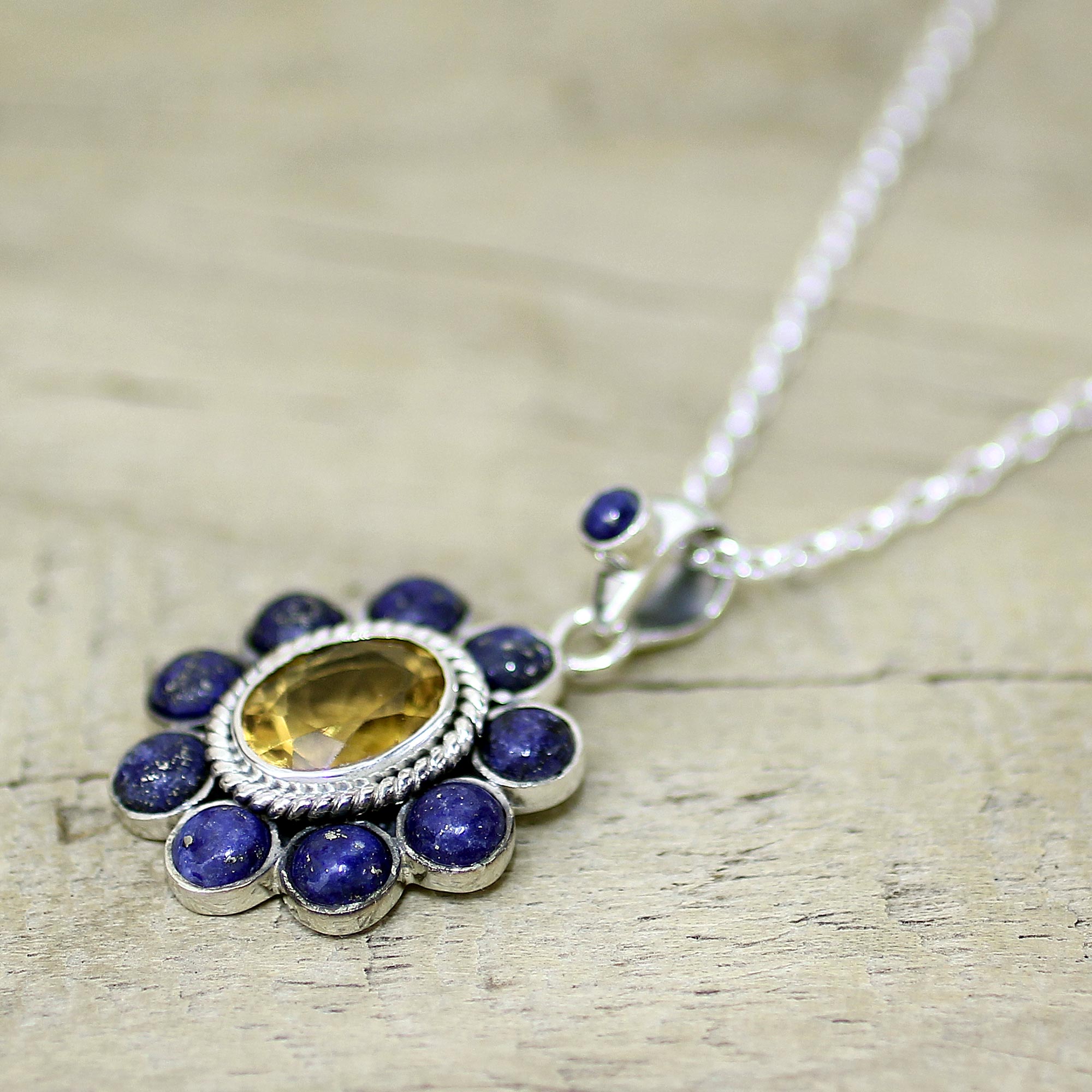 Premium Sunny Blue Citrine Lapis Lazuli Sterling Silver Necklace by NOVICA India