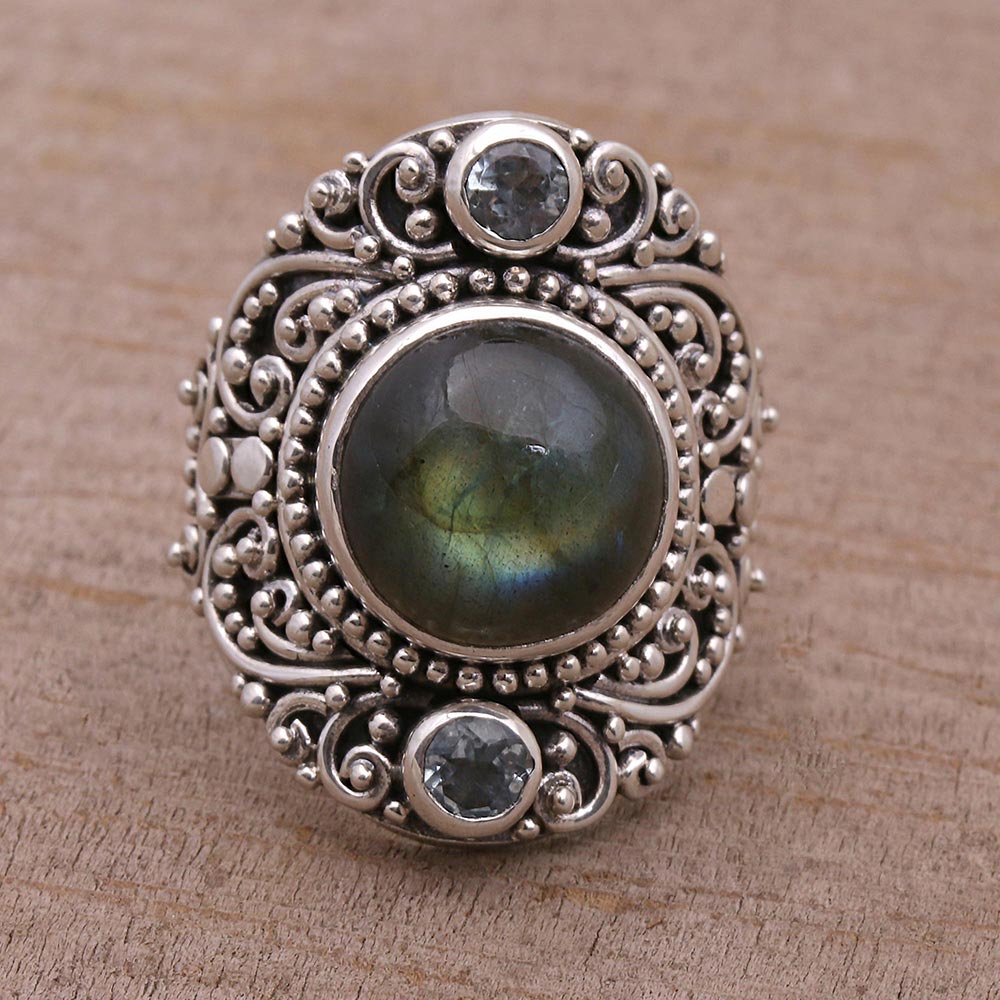 Premium Labradorite & Blue Topaz Cocktail Ring - Handcrafted Sterling Silver Jewelry from Bali