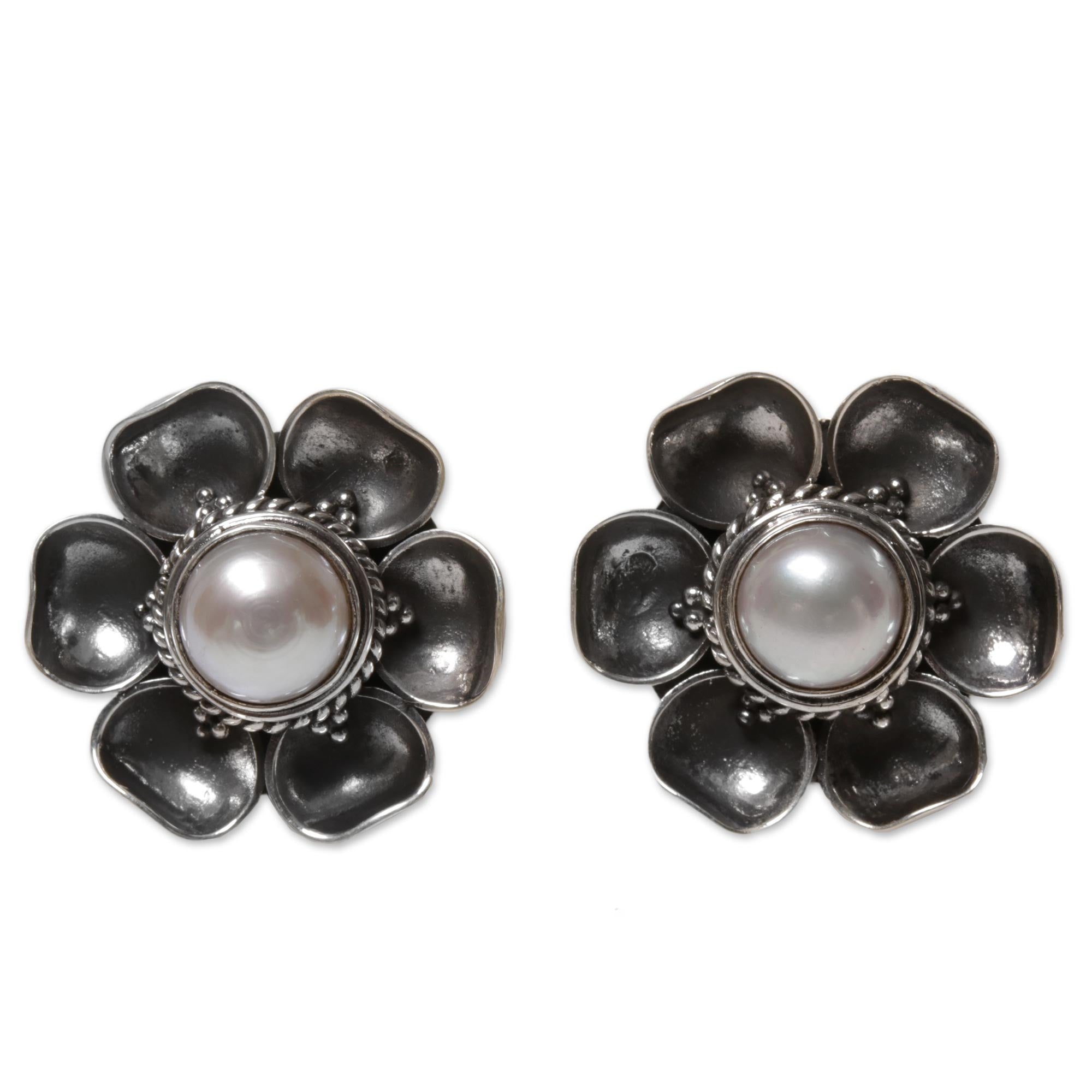 Premium Blooming White Roses Mabe Pearl Silver Earrings