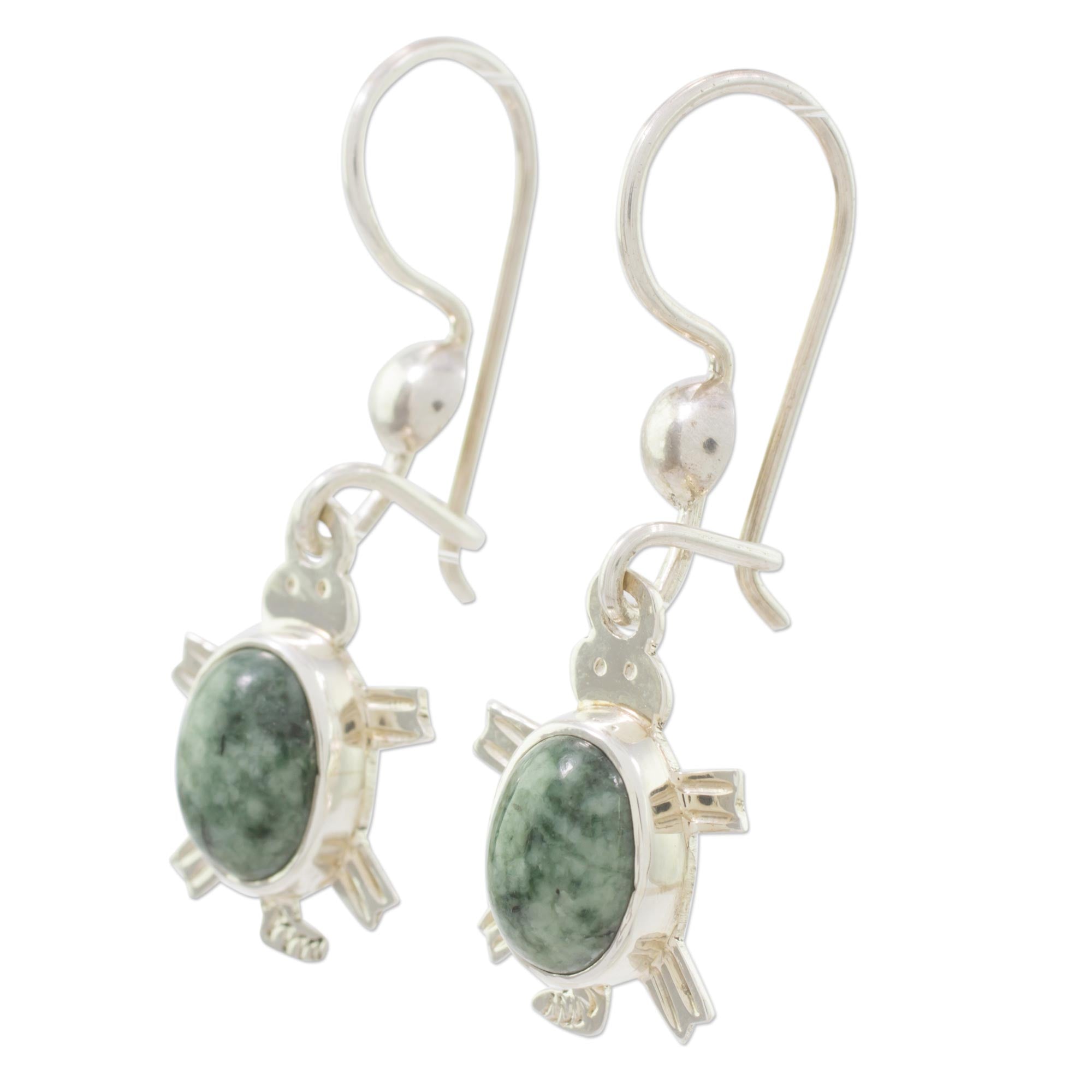 Premium Green Jade Turtle Dangle Earrings - Handcrafted Sterling Silver Jewelry