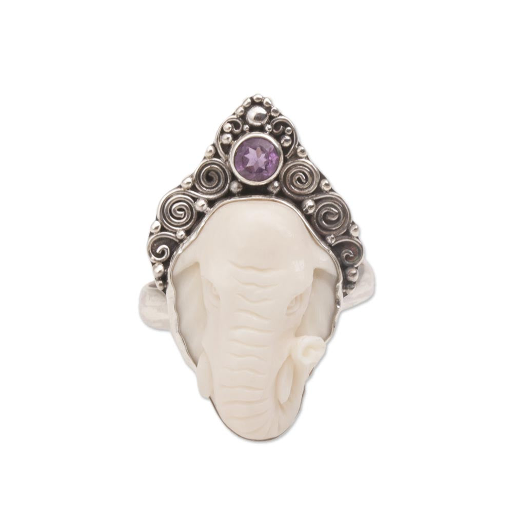 Premium Elephant Grandeur Amethyst & Silver Ring - Handcrafted Elegance