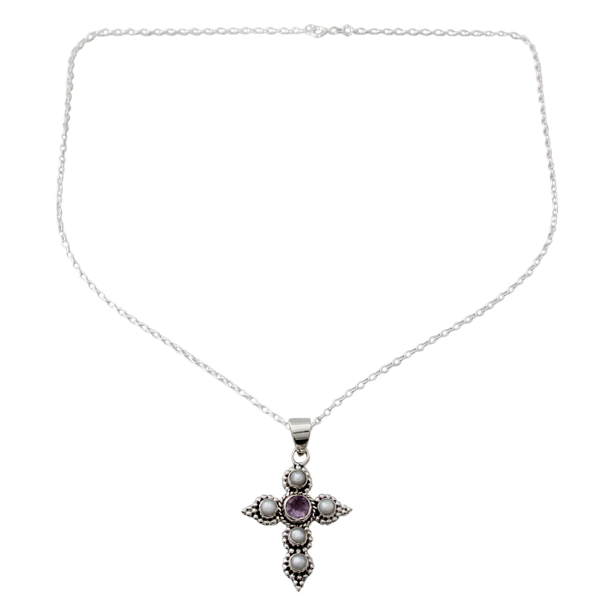 Premium Harmony in White Cultured Pearl & Amethyst Cross Pendant Necklace