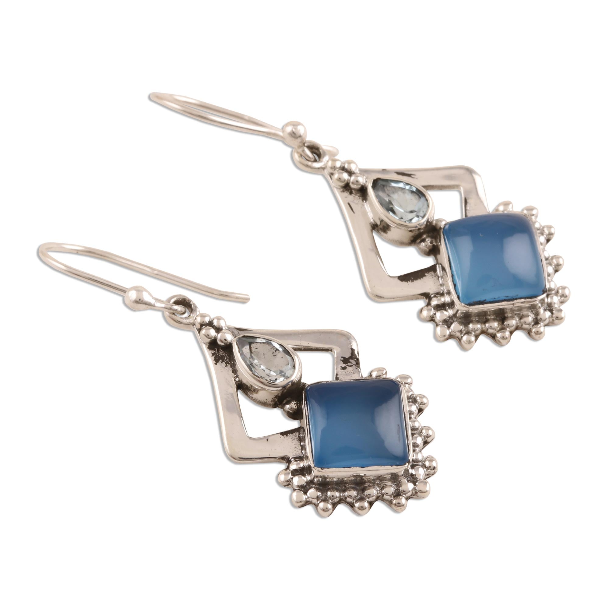 Premium Blue Chalcedony & Topaz Sterling Silver Dangle Earrings | Handcrafted in India