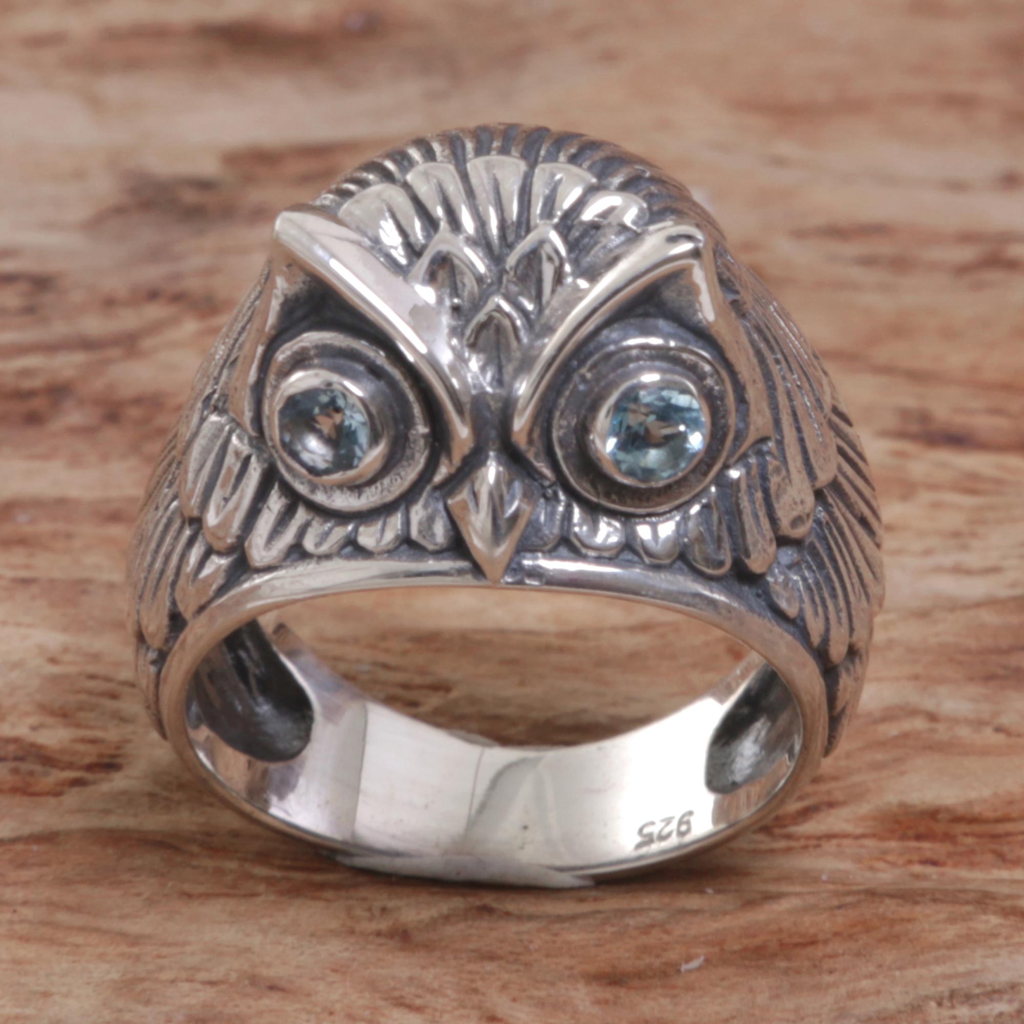 NOVICA Premium Blue Topaz Sterling Silver Owl Ring 'Night Watcher in Blue'