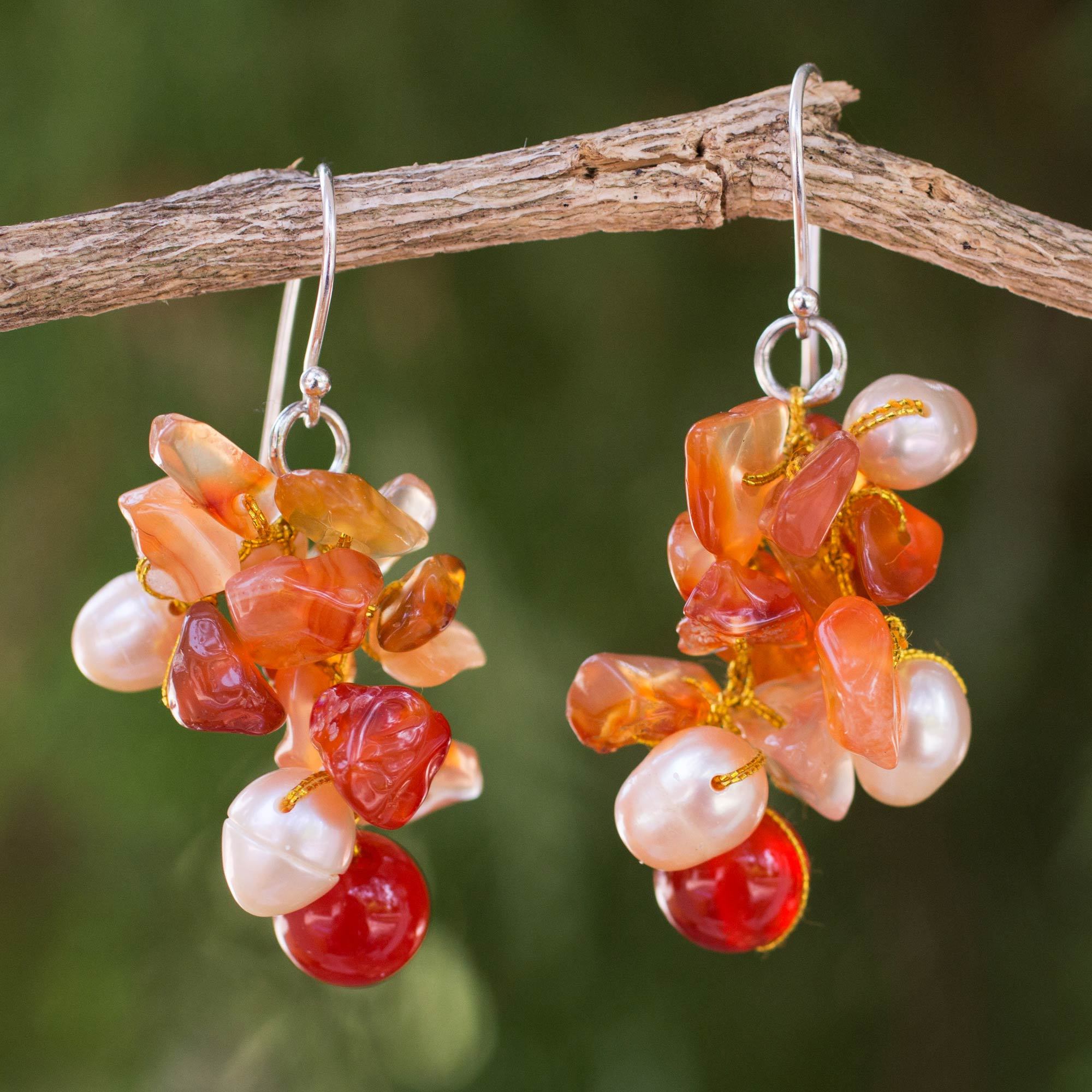 Premium Sunset Pearl & Carnelian Hook Earrings - Handcrafted Elegance