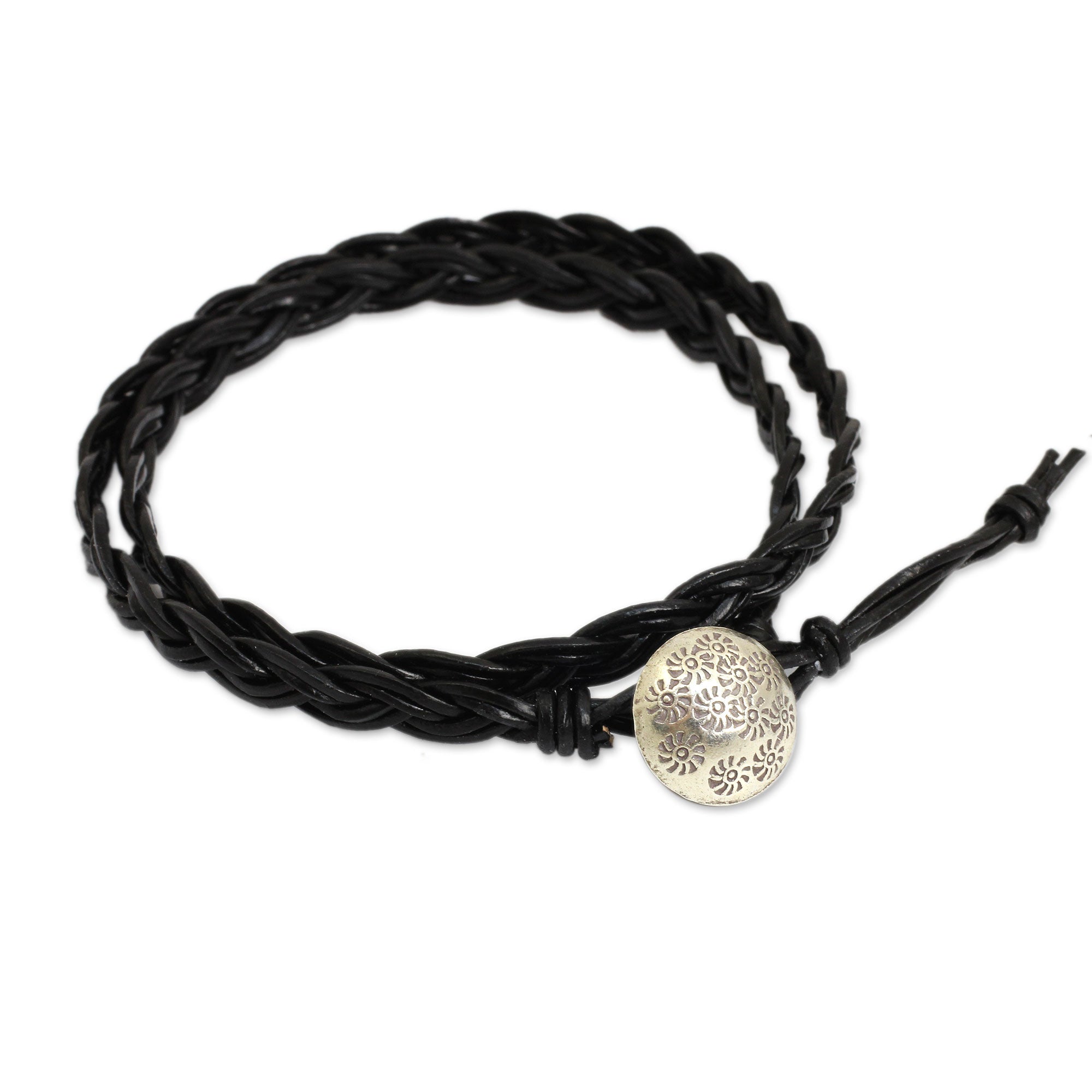 Premium Black Braided Leather Bracelet with Hill Tribe Silver Clasp