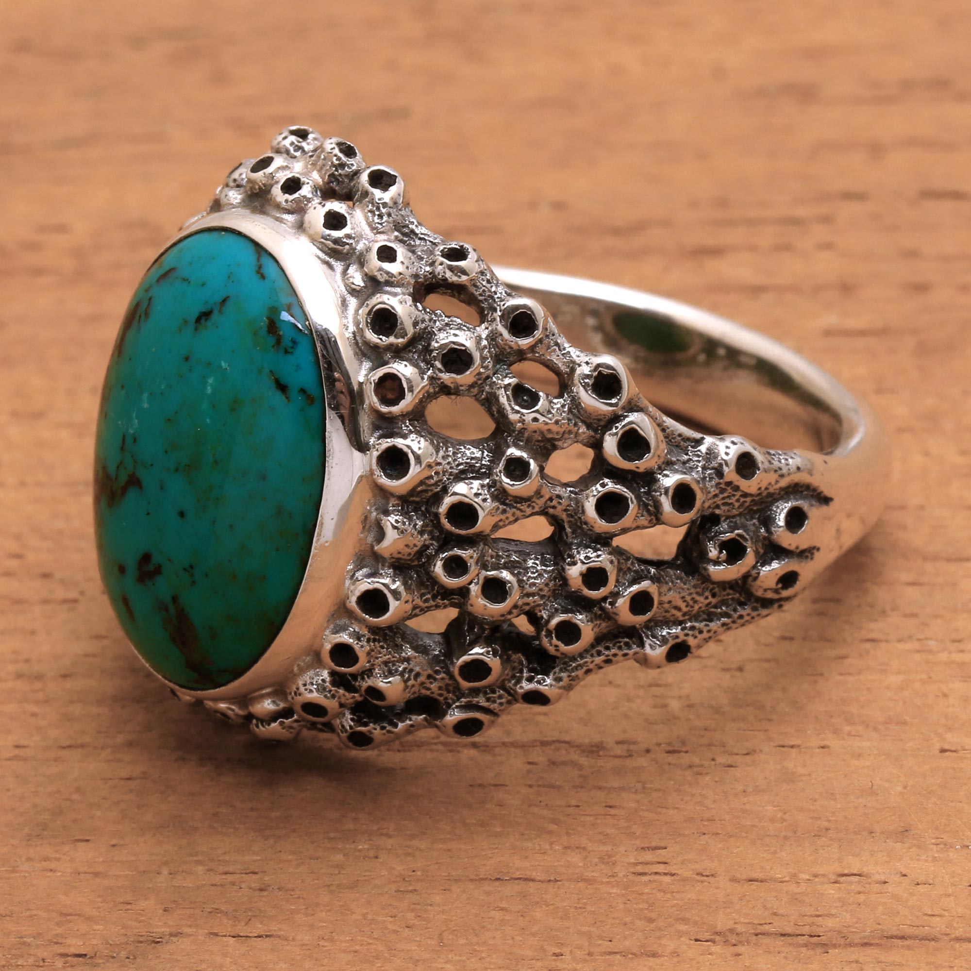 Premium Living Coral Men's Sterling Silver Ring with Turquoise