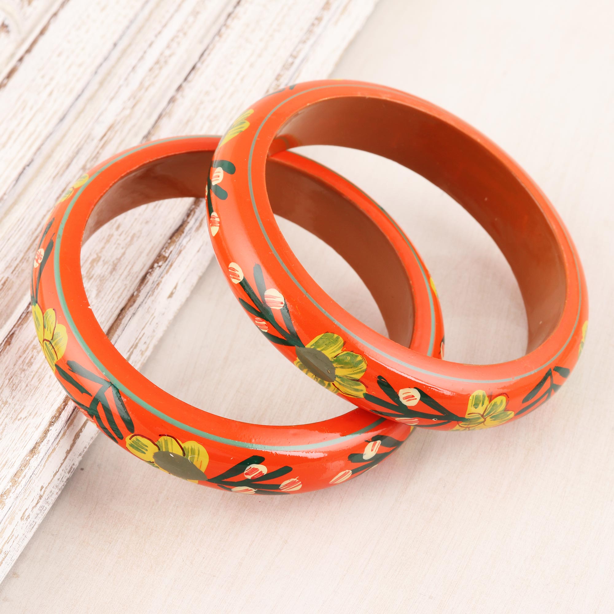 Premium Vermilion Garden Floral Haldu Wood Bangle Bracelets (Pair) - Handcrafted Elegance