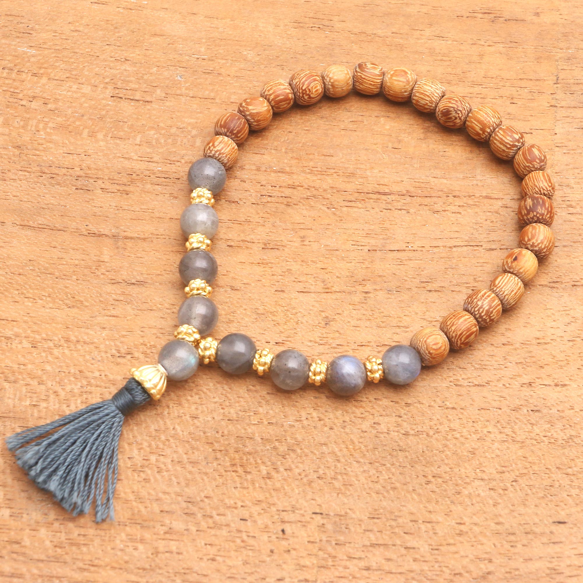 Premium Harmony Gold & Labradorite Wood Beaded Stretch Bracelet with Grey Tassel