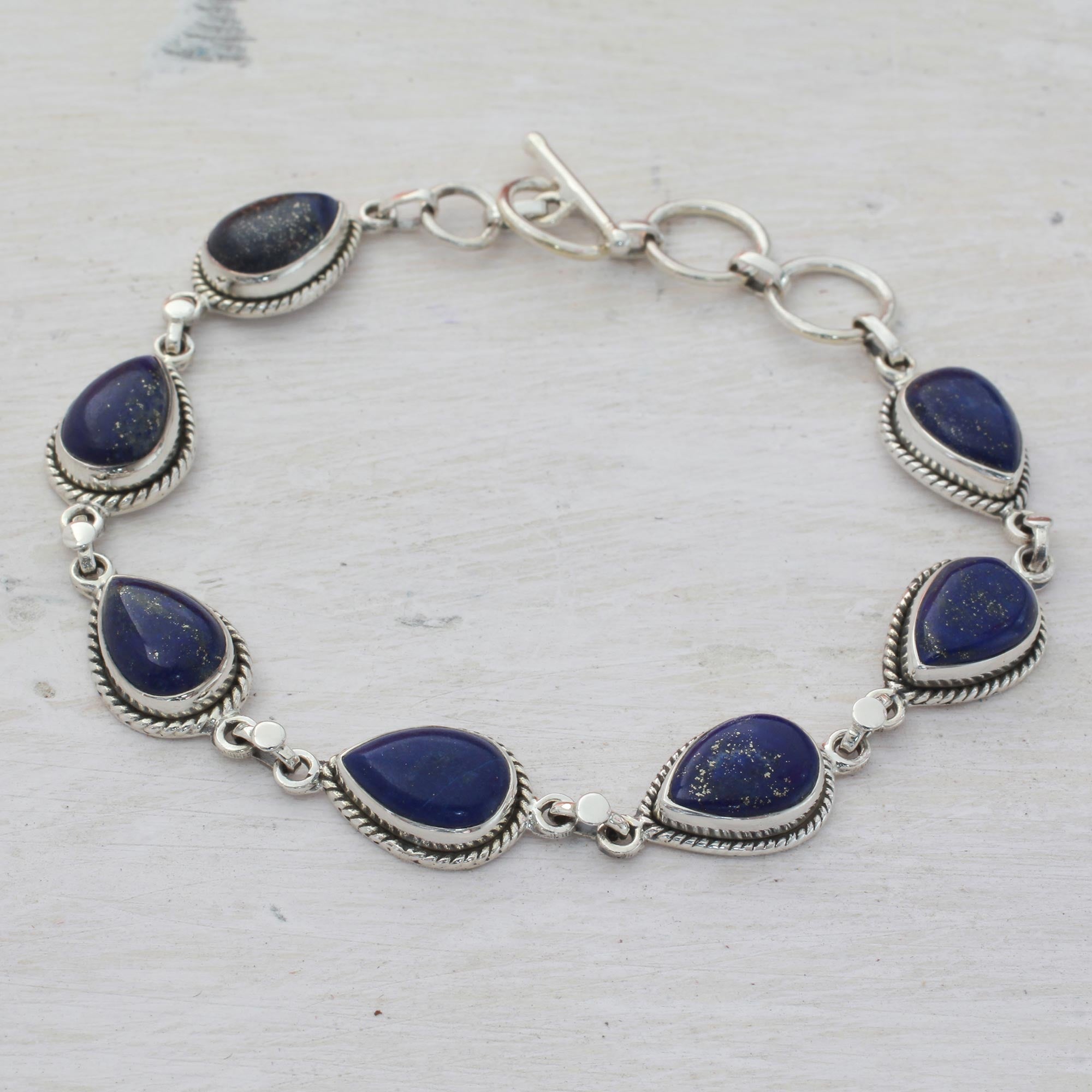 Premium Lapis Lazuli & Silver Link Bracelet - Caressing Rain in Blue