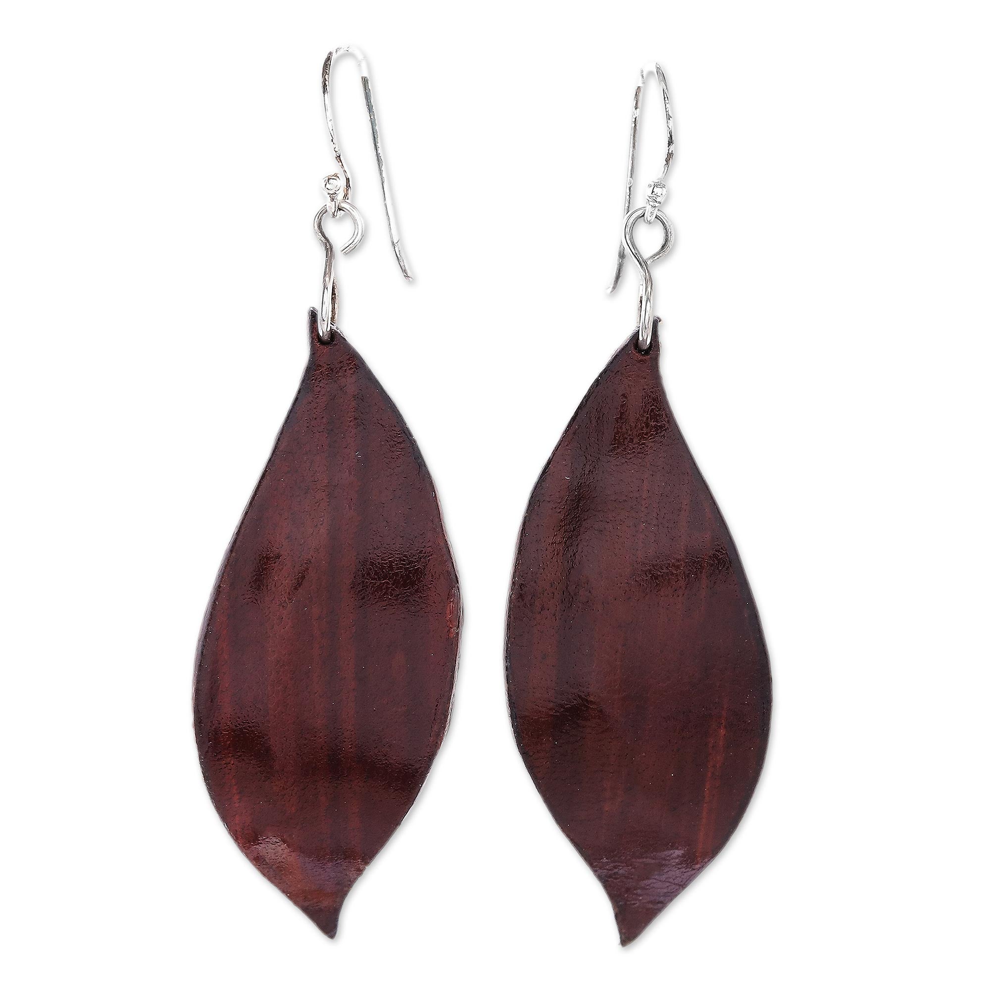 Premium Brown Leaf-Shaped Leather Dangle Earrings – Handcrafted in Thailand