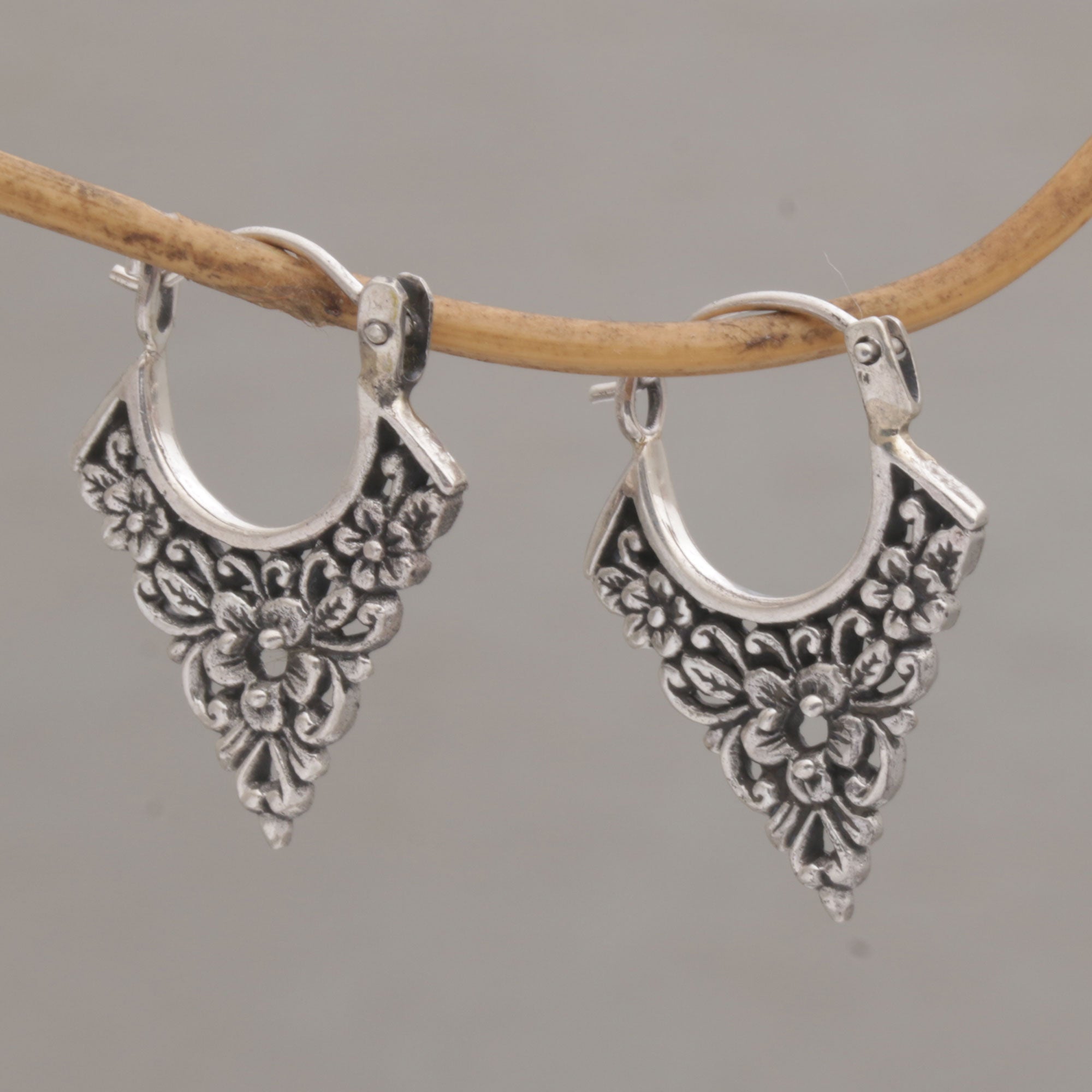 Premium Floral Sterling Silver Hoop Earrings - Handcrafted in Bali