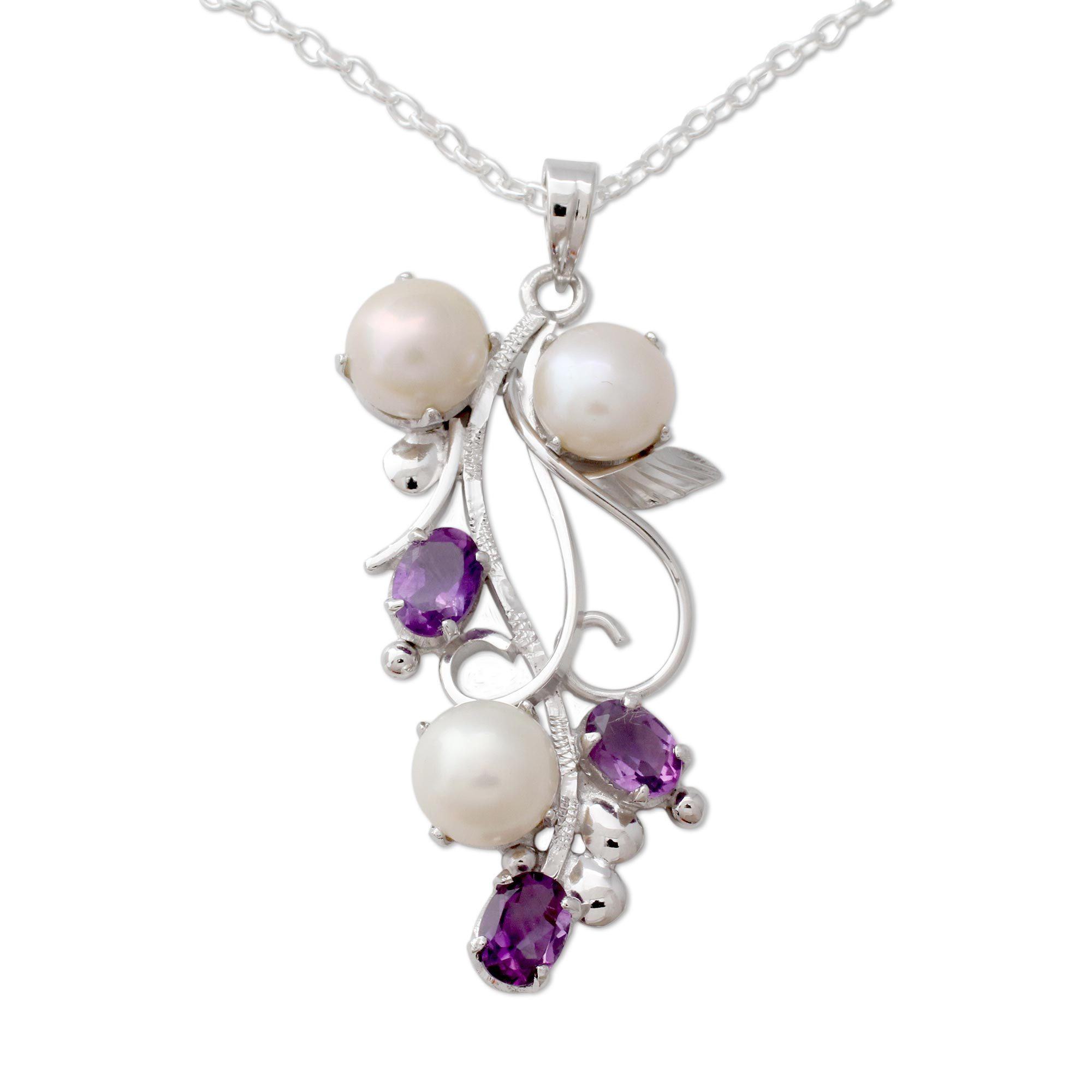 Premium Amethyst & Pearl Floral Pendant Necklace - Handcrafted Elegance