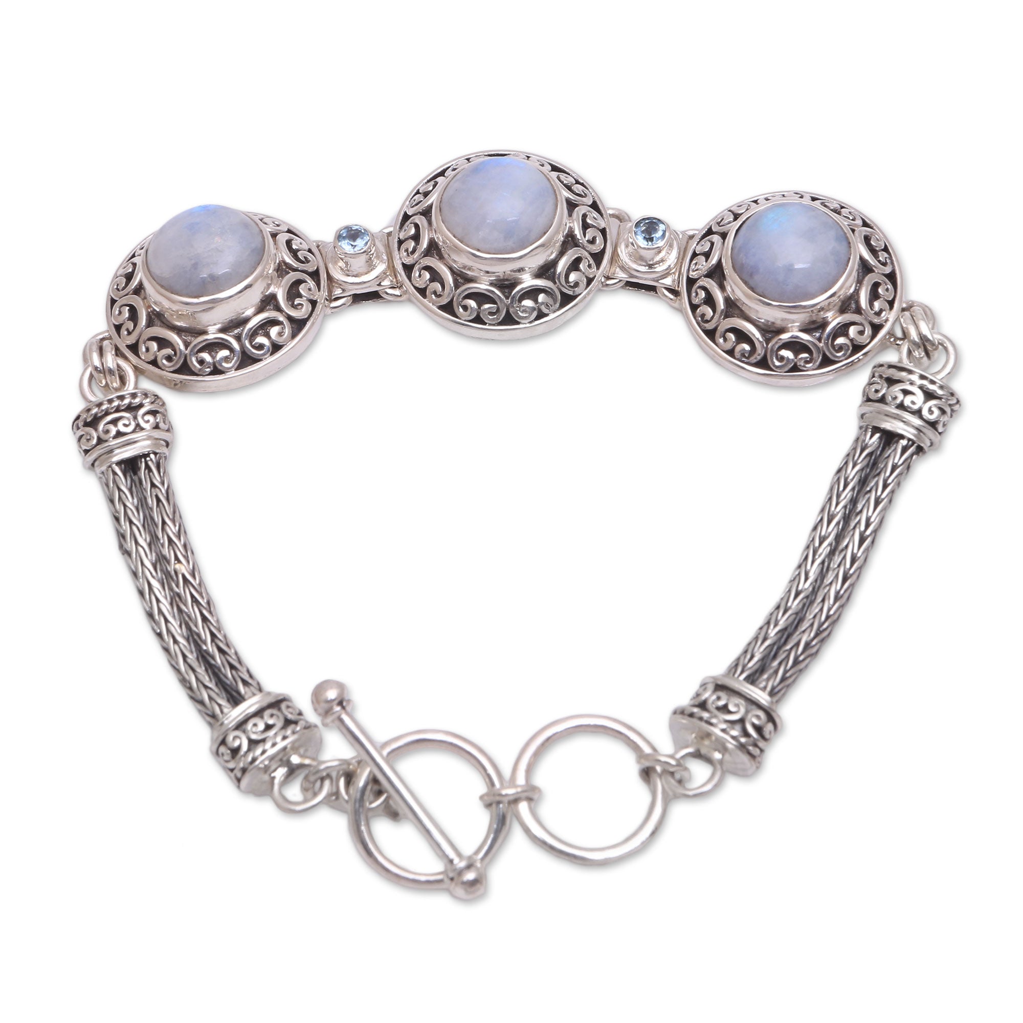 Premium Temple Roof Rainbow Moonstone & Blue Topaz Pendant Bracelet