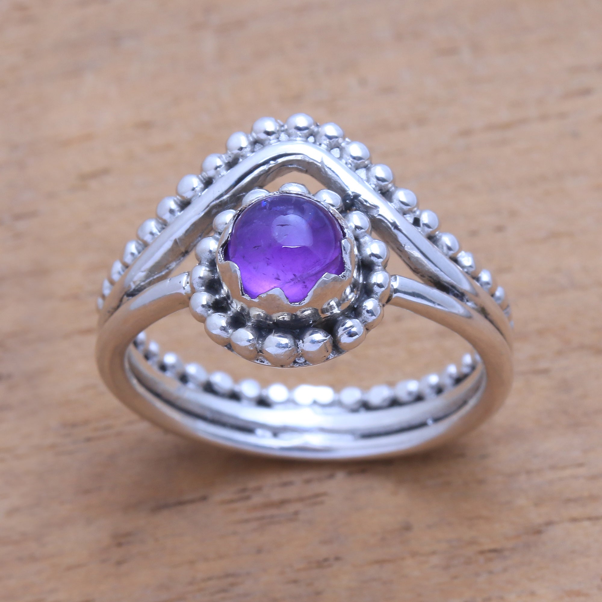 Premium Amethyst Dot Motif Cocktail Ring - Handcrafted in Bali