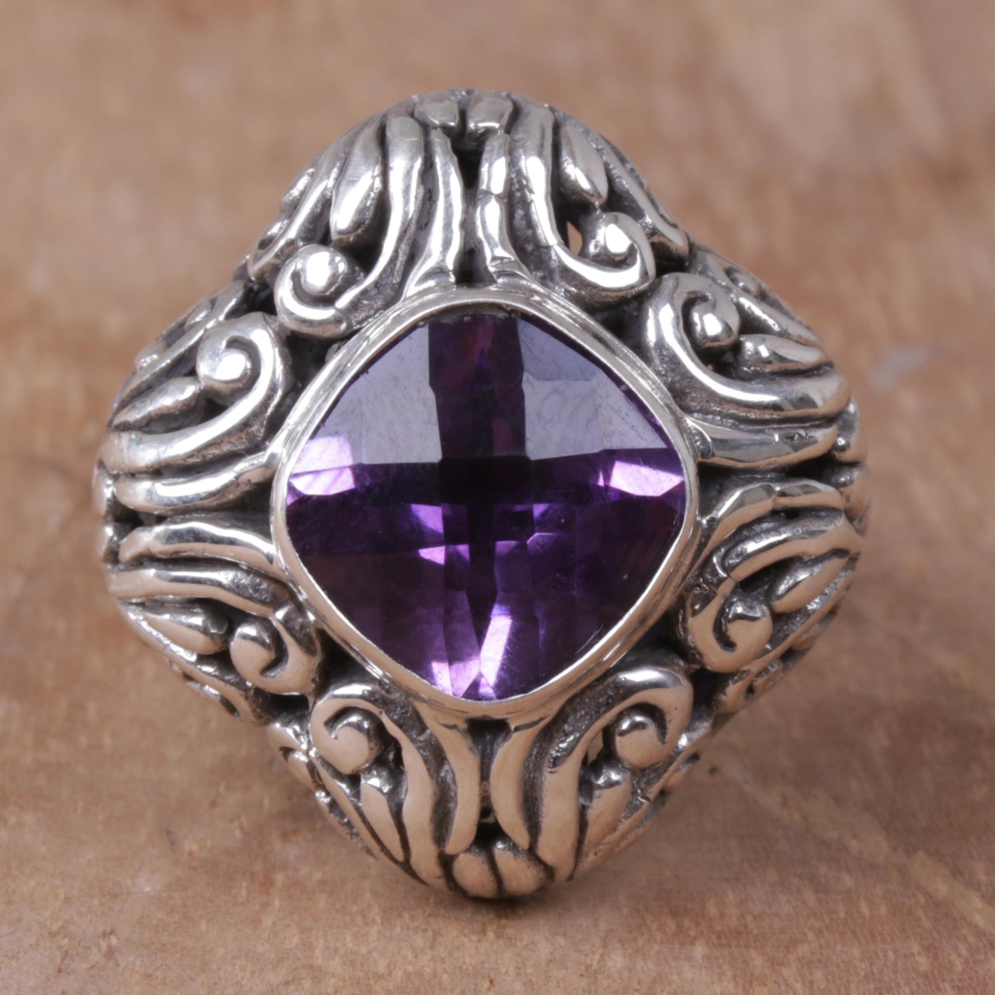 Premium Amethyst Sterling Silver Cocktail Ring - Balinese Artisan Crafted