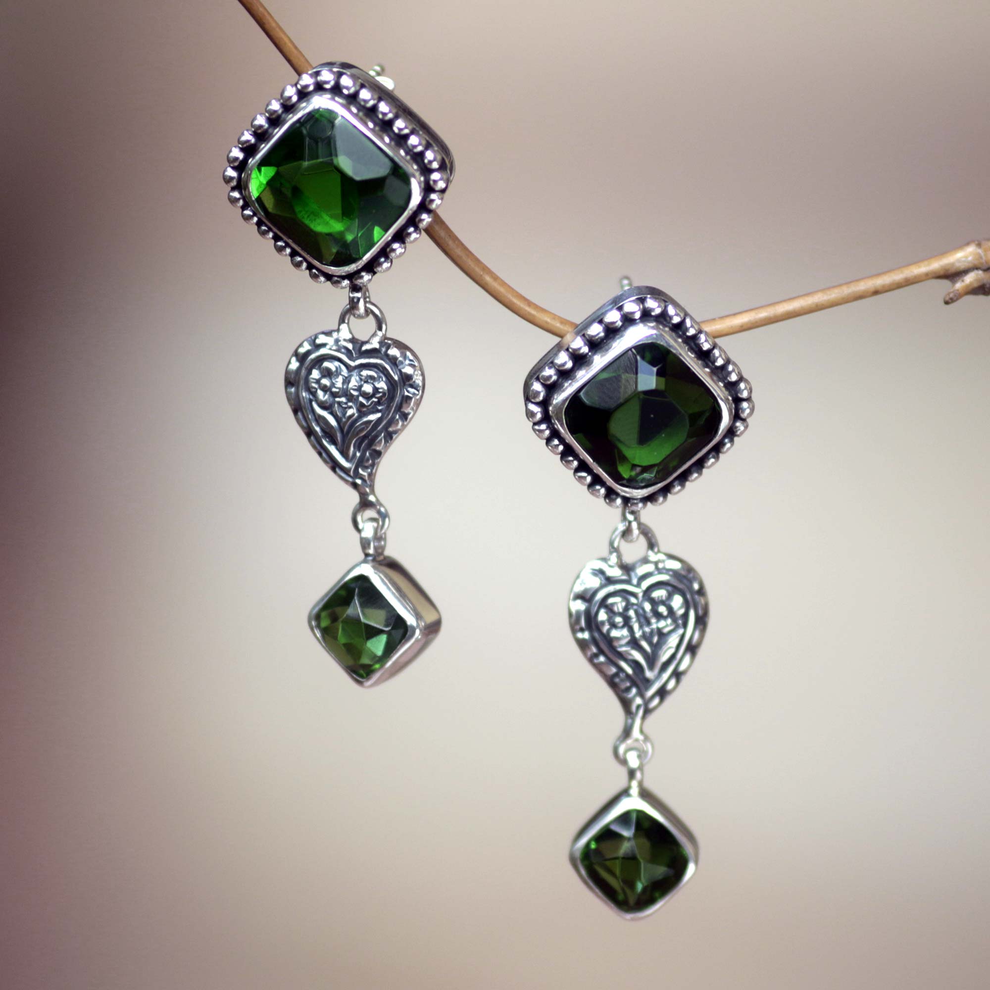 Premium Sterling Silver Heart Drop Earrings with Green Glass Accents