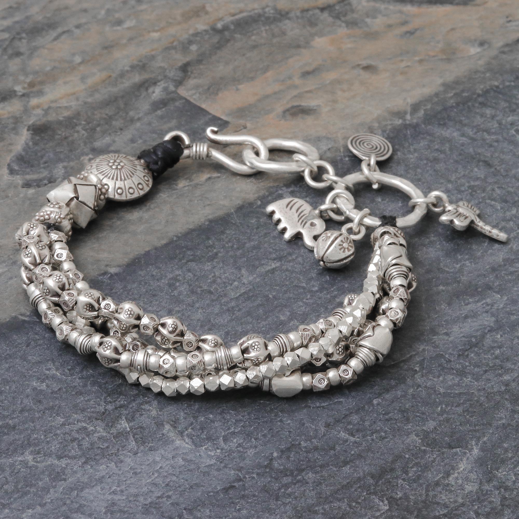 Premium Karen Hill Tribe 950 Silver Beaded Bracelet - Elephant & Dragonfly Charms