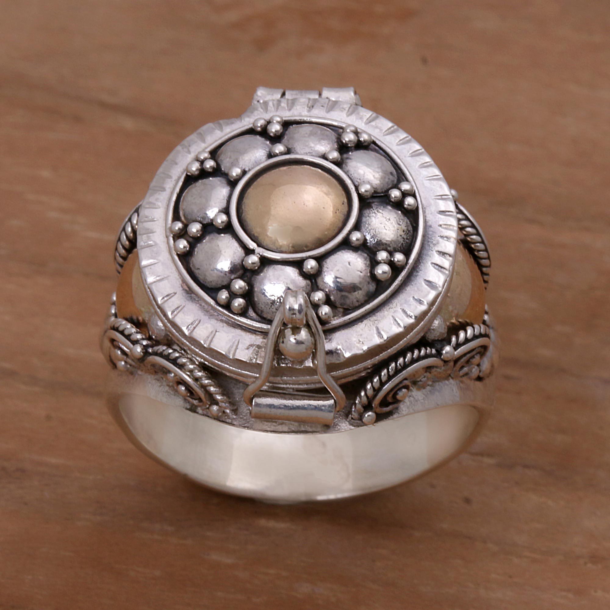 Premium Shining Secrets Sterling Silver & Gold Locket Ring - Handcrafted in Indonesia