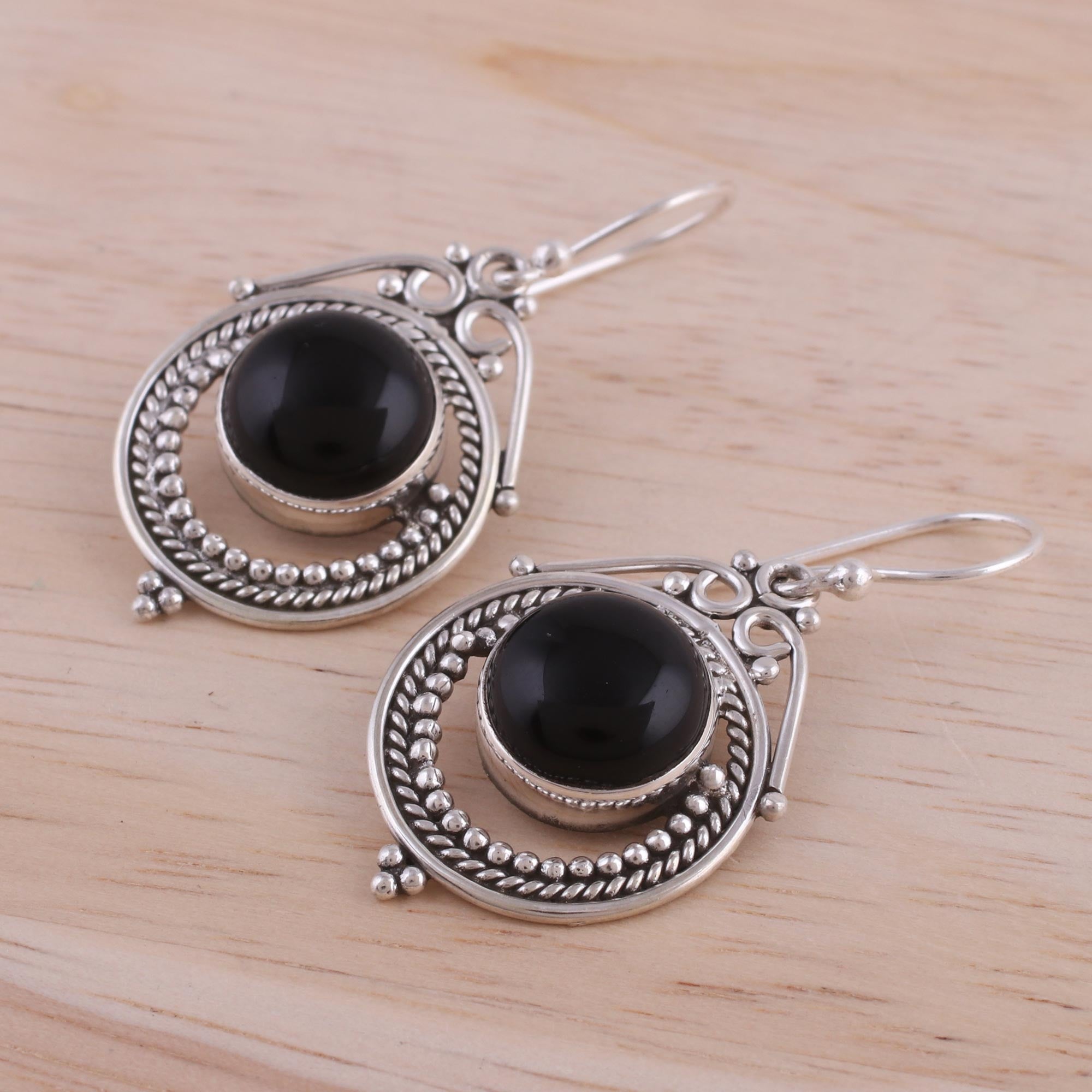 Premium Onyx Globe Sterling Silver Dangle Earrings – Handcrafted in India