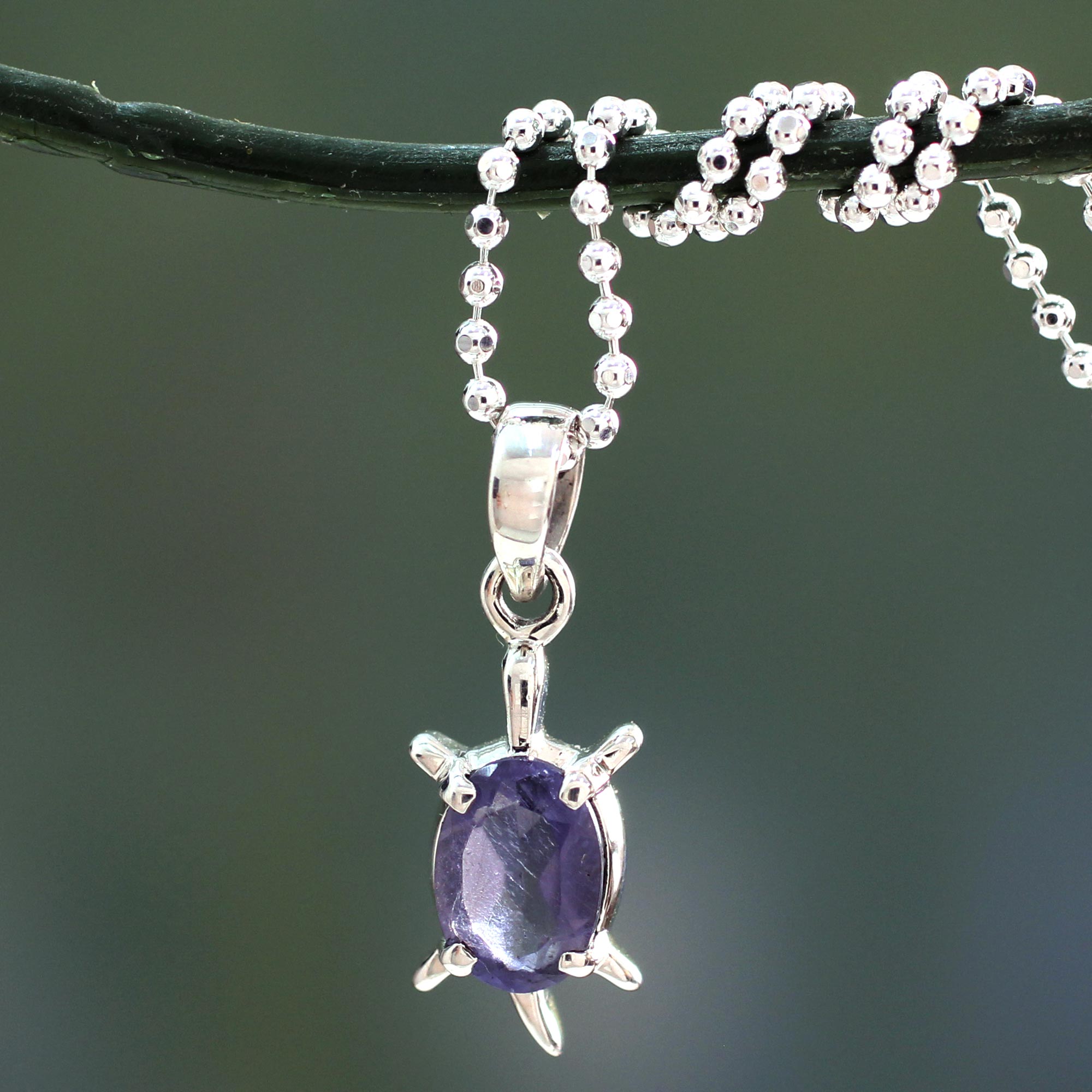 Premium Iolite Crystal Turtle Necklace - Sterling Silver Pendant