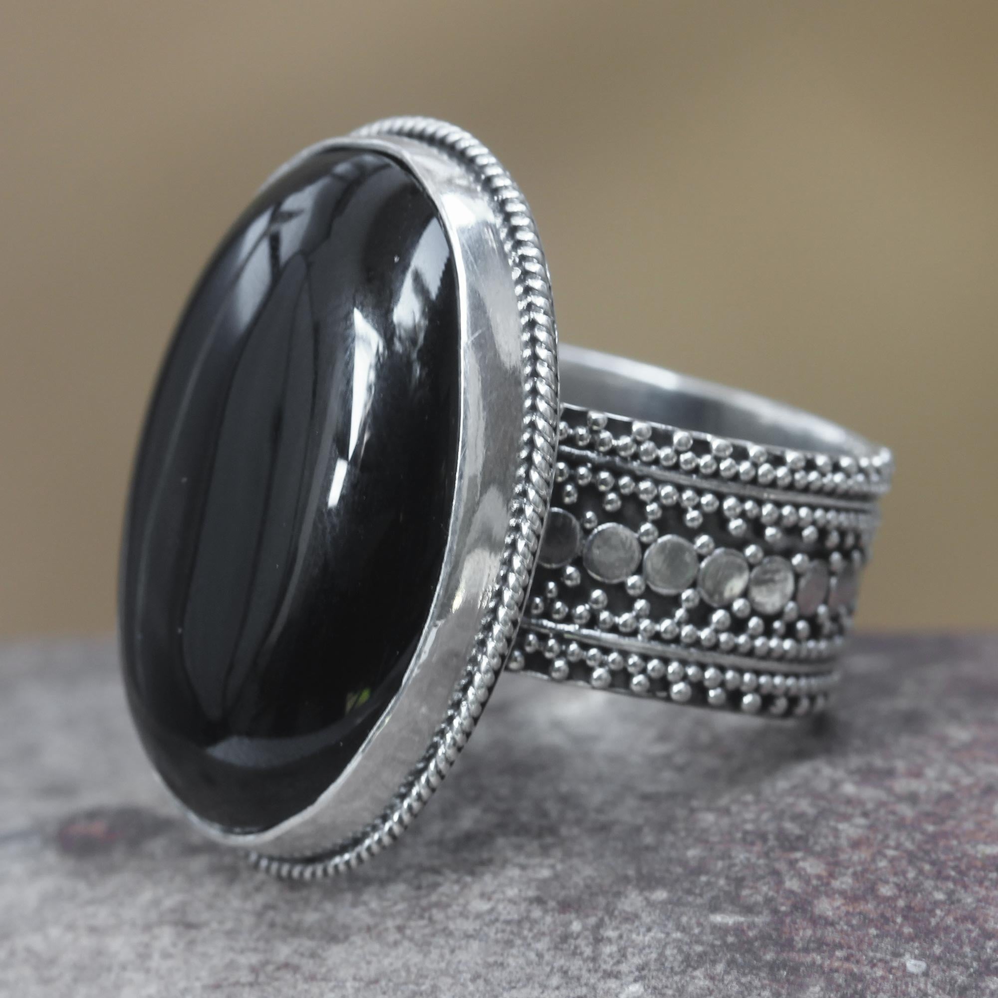 Premium Oracle Sterling Silver & Onyx Cocktail Ring - Handcrafted Elegance